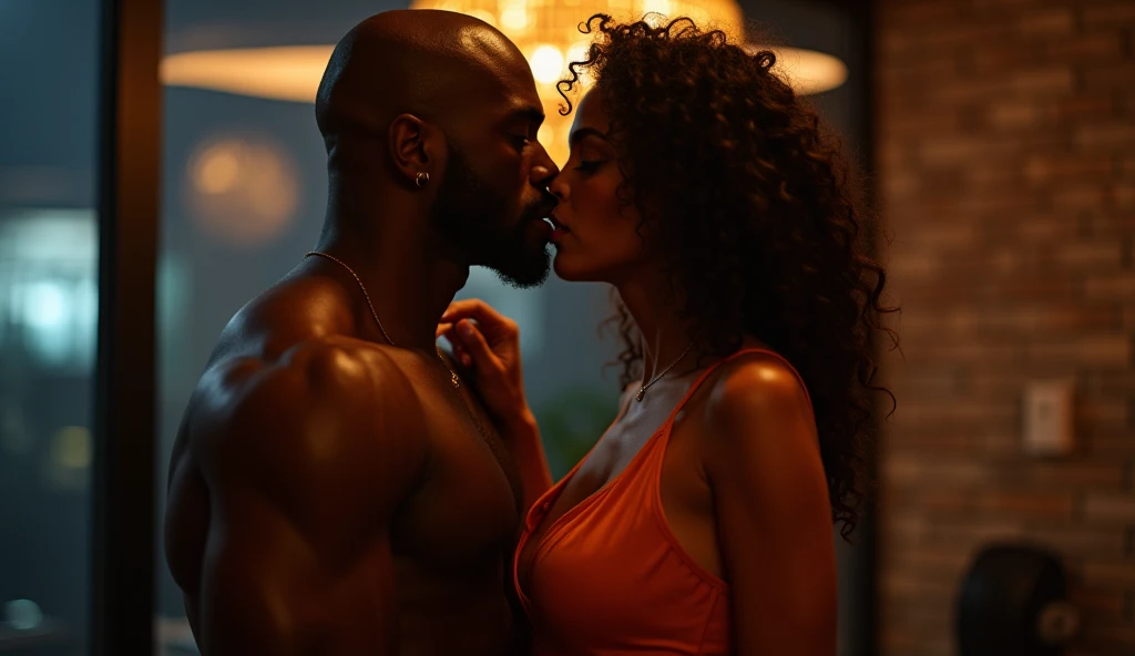 Skinny girl with medium boobs,skinny body and short hair , applying lipstick , kisses a giant Balck dude, hold his dick