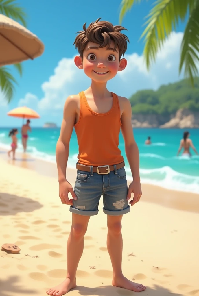 a painting by mse a young man, muscular, handsome, shirtless, with blue short, on the beach