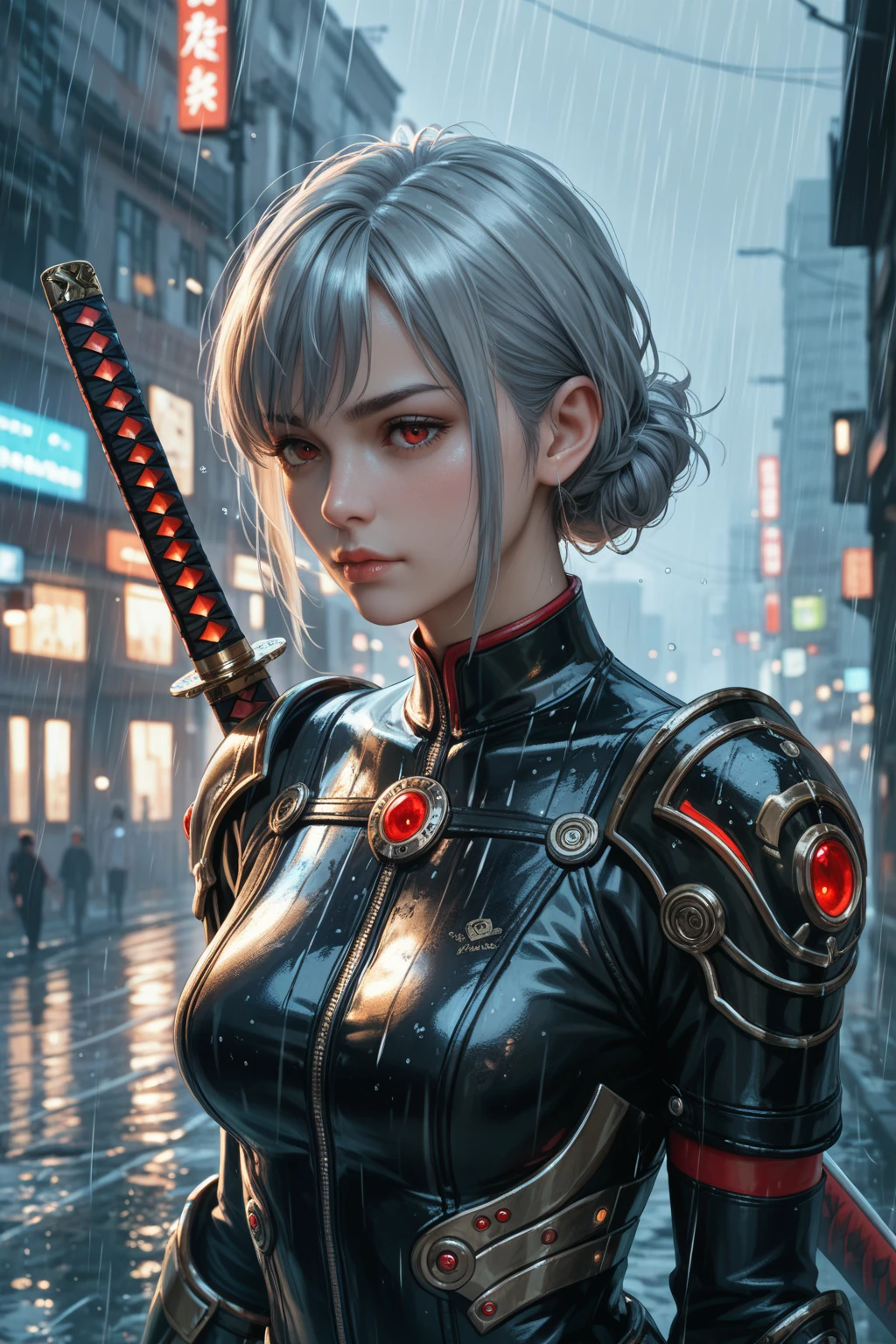 Dark_Fantasy,Cyberpunk,1manMechanical marvel,Robotic presence,Cybernetic guardian, samurai mechanical armour, katana on the waist, absolutely stunning art,wearing a black cloak, highest quality art, highest resolution, hyper detailed,black and red, futuristic, samurai robot, atmospheric,8k,64k, HD, unparalleled masterpiece, dynamic lighting, cinematic, epic