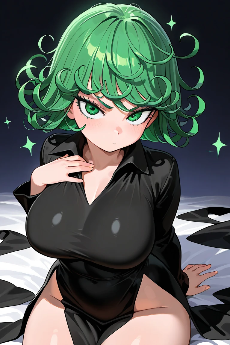 Fubuki from onepunchman, caffee,,collarbone,sexy, large breasts, green hair,choker, emerald shiny earrings, anime, UHD, masterpiece,textured skin, super detail, high details, high quality, best quality, highres, 8k, sexy face, looking at viewer,green eyes,dark green eye pupils,raised eyebrows, glaring, eyebrows behind hair, longeyelashes, serious, troll, facing another, rape face,look from below