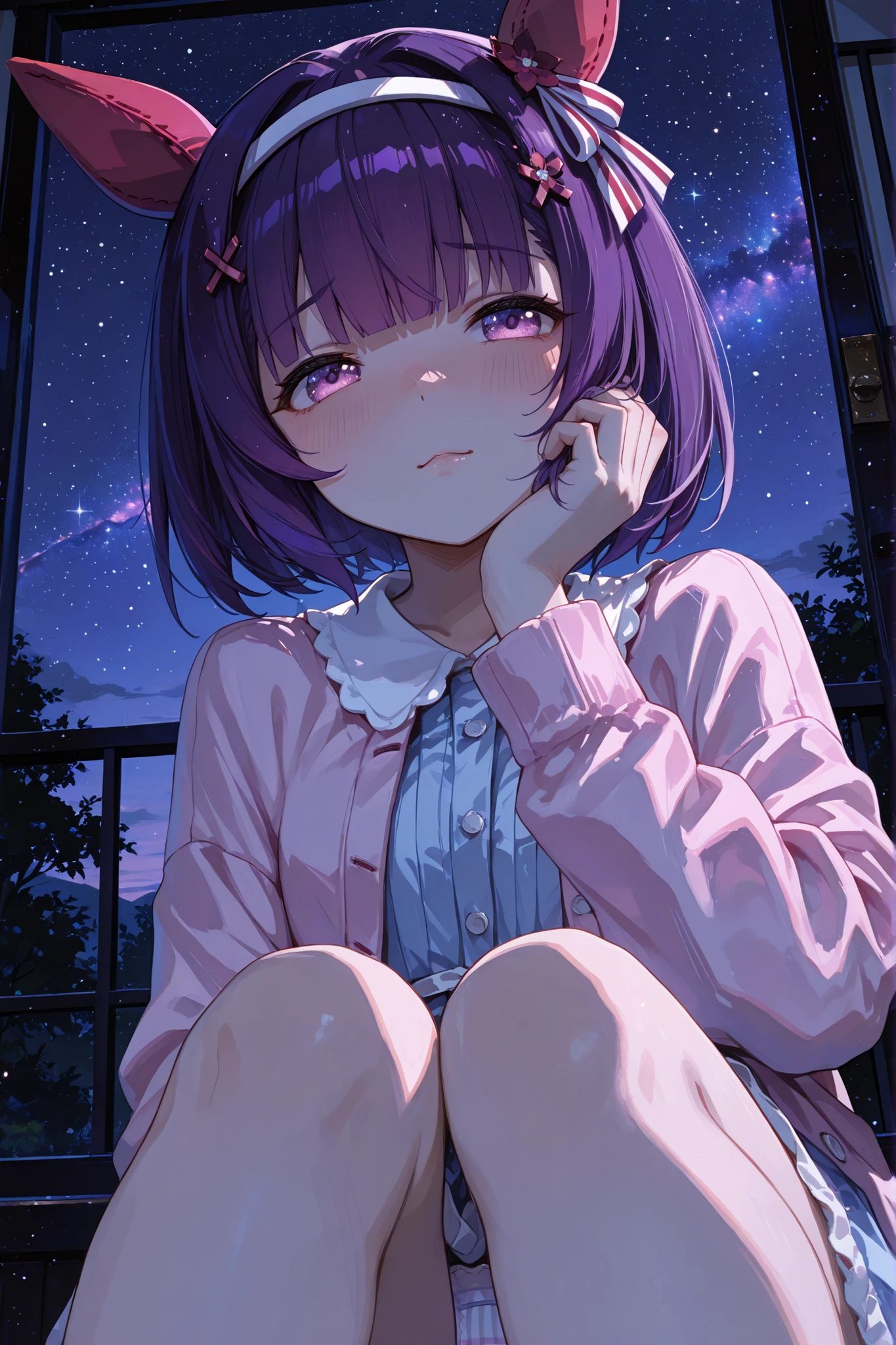 masterpiece, nishino flower \(uma musume\), yabuki, 4K, Head to knee angle portrait under a starry night sky with a soft dawn glow, their face showing a shy and embarrassed expression with flushed cheeks and averted gaze, twinkling stars scattered across a deep indigo sky, a gentle breeze, a serene and intimate atmosphere, anime style, hyper-detailed, cinematic lighting, 4k resolution, nfcas, plain cotton panties, tied her lips, purple hair behind closed doors, headband, white striped hair ornament, hairpin, casual, pink jacket, blue dress