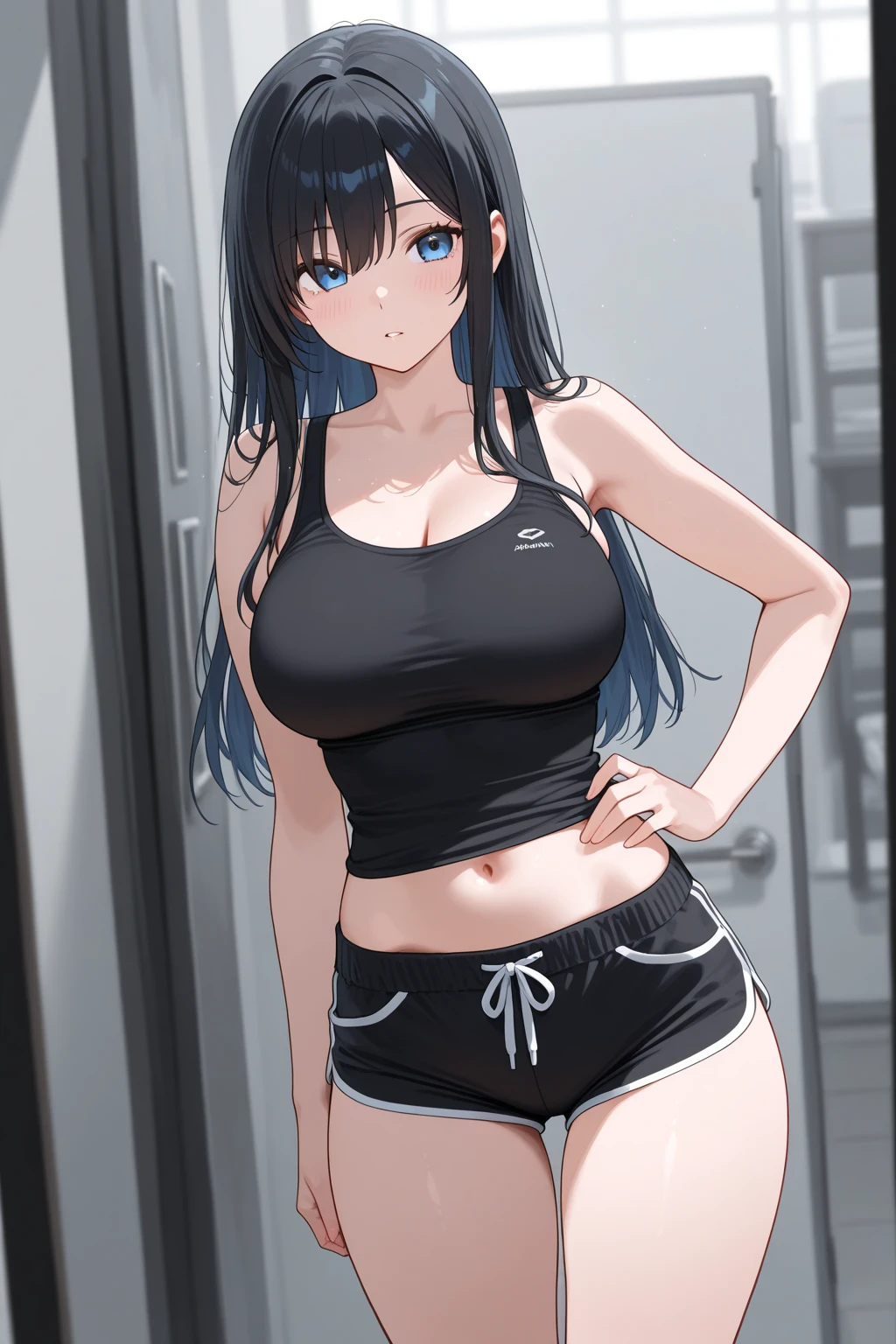 A very young hot Japanese teeny wears a tight gym shorts and an oversized, baggy blackt-shirt that reveals a good portion of her flat, toned stomach. very big well formed and peaky Breasts. The shirt is so loose that it hangs off one shoulder, revealing a smooth, white shoulder, a clear example of underboobs. The woman's body is slim and athletic, with toned arms and legs, and thin thighs. Her very long dark hair is straight but elegant, falling down her back. She has a mischievous grin on her face, and her clear skyblue eyes sparkle with amusement. In the background is a plain white wall, providing a simple but effective contrast to her vibrant appearance. The woman stands confidently and watching down to the watcher to show off her overshirt and underboobs. sexy and horny perfect Waifu