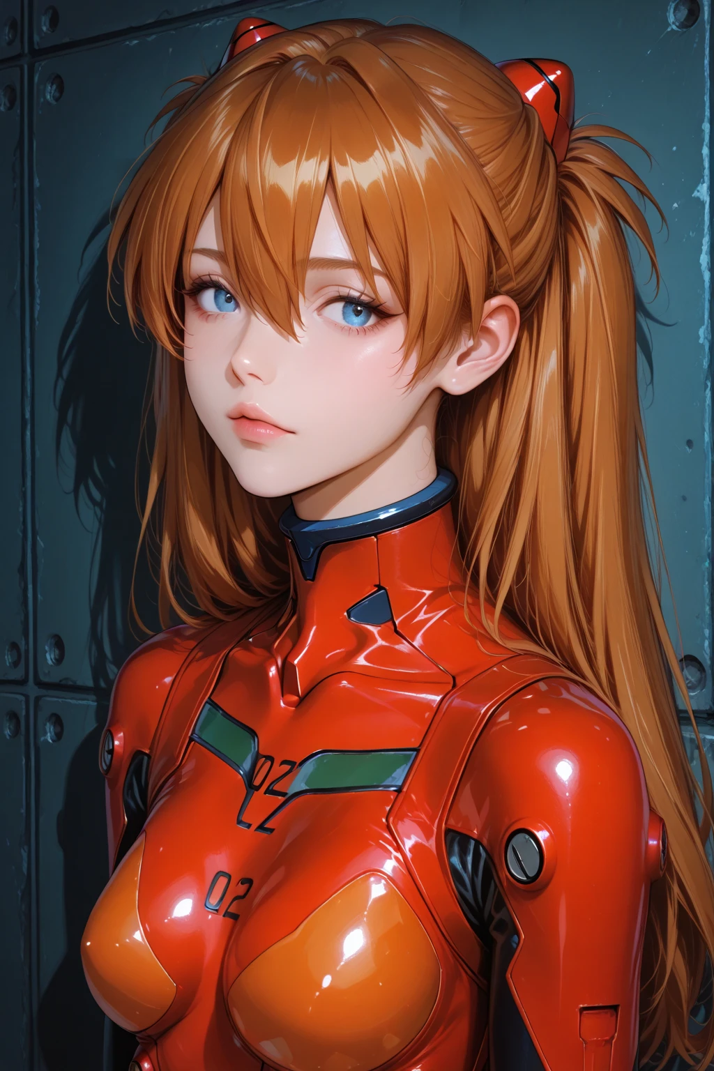 (masterpiece),best quality,1girl,breasts,upper body,souryuu asuka langley,1girl,plugsuit,bodysuit,red bodysuit,long hair,solo,breasts,from side,lips,leaning forward,orange hair,finger to mouth,