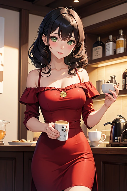masterpiece, 1girl, Amazing Cleavage:1.3, thin waist, big ass, Raised sexy, medium breast:1.3,posed cleavage:1.2,solo, looking at viewer, open mouth, have a cup of coffee,black hair, red eyes, dress, bare shoulders, jewelry, collarbone, sidelocks, hairband, earrings, indoors, off shoulder, :o, sweater, arms behind back, plant, short hair with long locks, white hairband, off-shoulder dress, sweater dress, off-shoulder sweater, red sweater, big side hair, very long side hair,is rendered in (masterpiece: 1.2, best quality), with (ultra high resolution) and an exquisite (depth of field). This masterpiece is not only visually stunning but also tells, make of cooking some cakes ,in the kitchen ,(beautiful scenery), upper eyes, (with sparkling eyes and a contagious smile:1.0),looking at Viewer