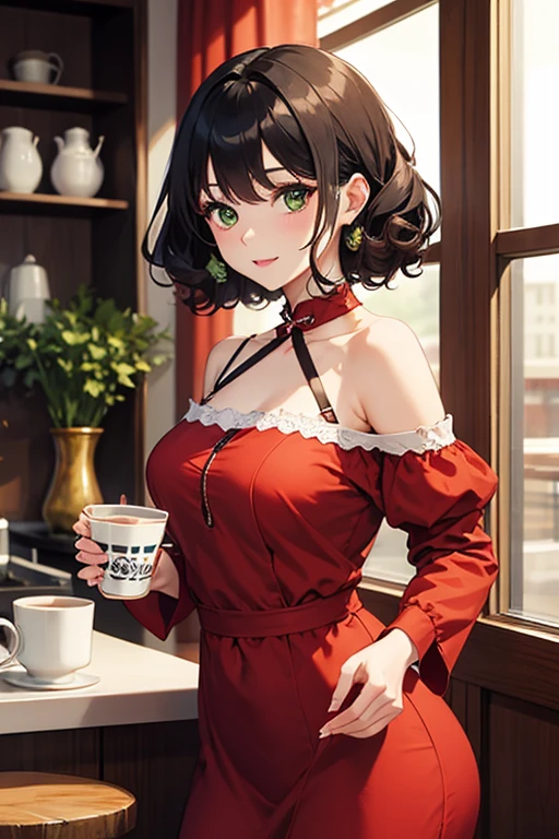 (((Masterpiece))),(((Super Detail))),(((in 8K))),(((best composition))),(((Rim lighting,Fireglow effect,deep shadow))),solo),Beautiful fingers,Detailed finger features,(Detailed hair features:1.7),(Dynamic and sexy bending pose:1.3),detailed facial features,detailed clothes features, (perky chest:1.1), (pointed chest:1.3), delicate beautiful face, Bright blue eyes, cute eyes, sparkling eyes, Big eyes, beautiful detailed eyes,double bun with glittering hair ornament:0.6,(super detailed glossy skin:1.3),slender body,goddess smile,((with sparkling eyes and a contagious smile)),beautiful posture,have a cup of coffee,black hair, red eyes, dress, bare shoulders, jewelry, collarbone, sidelocks, hairband, earrings, indoors, off shoulder, sweater, arms behind back, plant, short hair with long locks, white hairband, off-shoulder dress, sweater dress, off-shoulder sweater, red sweater, big side hair, very long side hair,(super delicate floral pattern:1.2),seductive cleavage:1.3,beautiful glossy legs,shiny red high heels,lifting dishes with cakesd,french restaurant,hustle and bustle,rising steam,(((depth of fields)))
