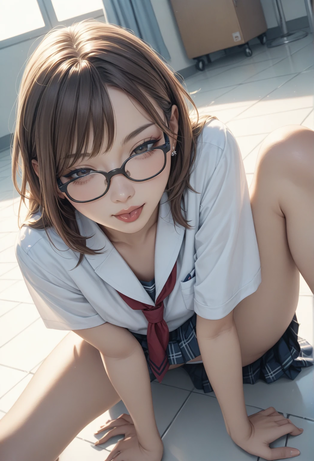 photo realistic,in 8K,Best Quality,masterpiece,(dynamic angle:1.5,dynamic posing:1.5),ultra detailed,professional lighting,best quality, high quality,high resolution,ultra detailed background,solo,15yo:1.2,(slim hip),(detailed black eyes:1.1, best hands:1.3,detailed face), facing forward,
pefect anatomy, correct anatomy, character focus, (1 cute girls:1.3,lower hair:1.2,small chest1.5,spread legs wide:1.4,red rimmed glasses,spread crotch),(In classroom:1.5,chair side the window,reluctant machine),shorty,small body, tiny, (skinny),brown low pigtails hair, blunt bangs,small breasts,glistening skin,having fun,smile,BREAK
(open clothes, areola, no wear, bare breasts, bare, bare navel, bare legs, bare arms, unclad),
BREAK