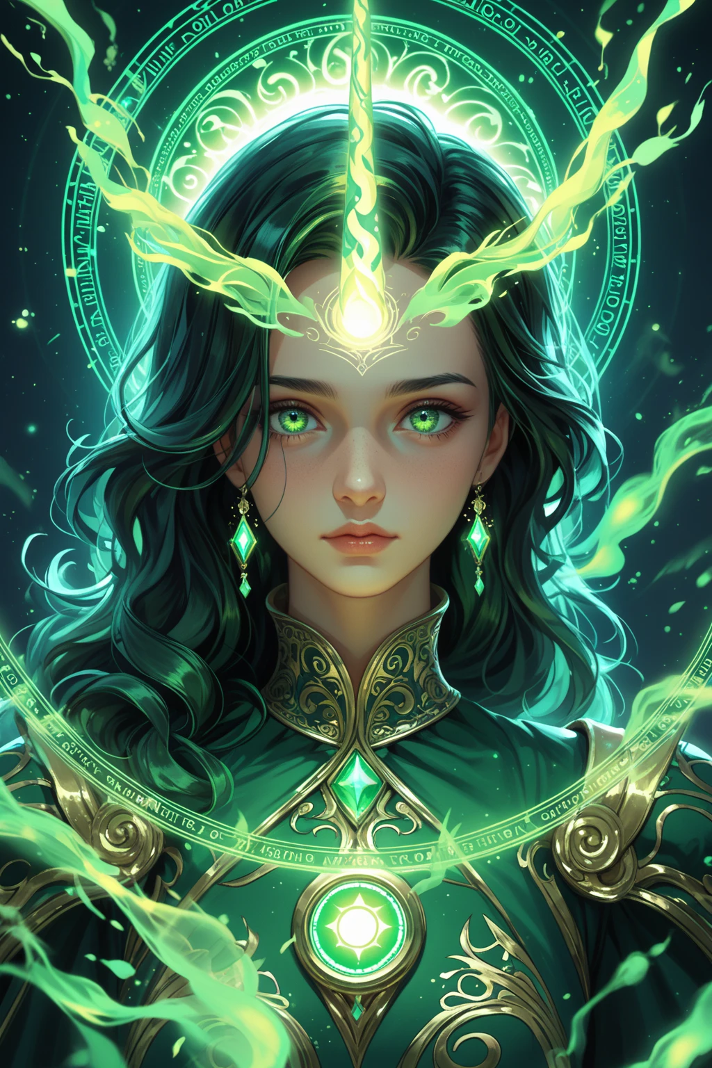 detailed face, cute face, A powerful spell that creates a magical protective barrier., A woman who uses green magic to summon a magical shield is perfect for a fantasy world..