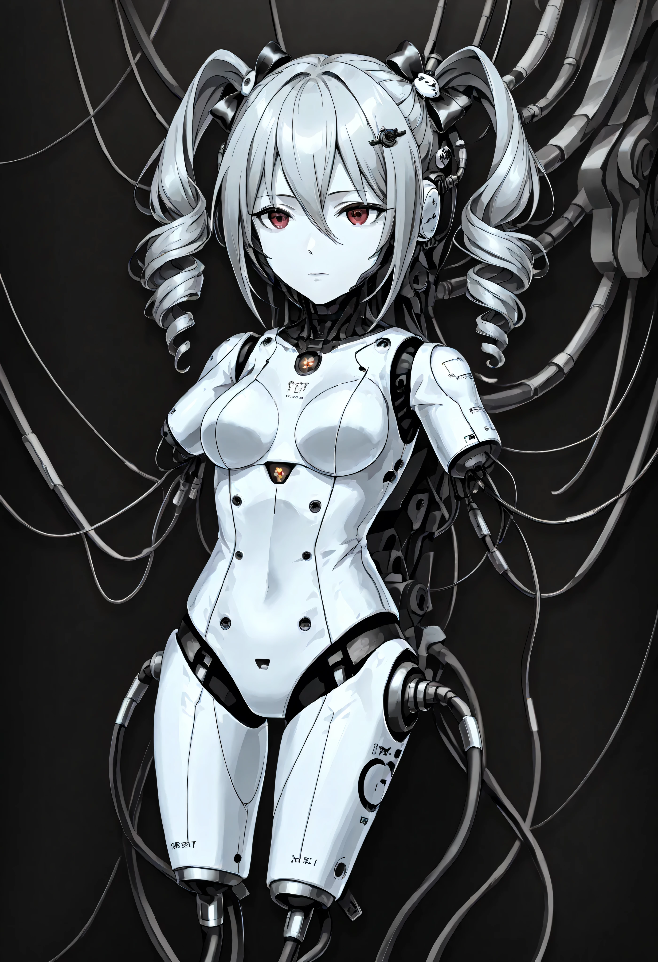 1girl, solo, grey hair, long hair, twintails hair, android, cable, Machinery Parts, white skin, white bodysuit, Adjutant, robot, front shots, thighs, amputee arms, amputee legs, knzkrnk, drill hair, twin drills, bangs, hair between eyes, hair ornament, hair bow, red eyes,