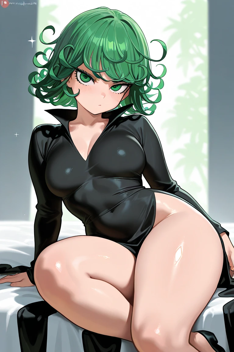 (masterpiece, best quality:1.2), solo, 1girl, tatsumaki, unamused, closed mouth, looking at viewer, hand on own face, sitting, crossed legs,black short kimono