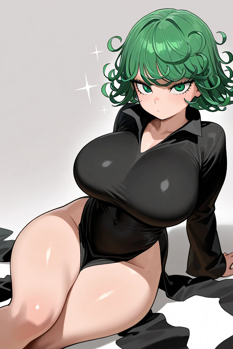 Fubuki, wearing default outfit, dark green outfit, long dress, default hair, dark green hair, big breasts, big boobs, big body, tall body, farting, fart, yellow smoke, clenching teeth, big mouth