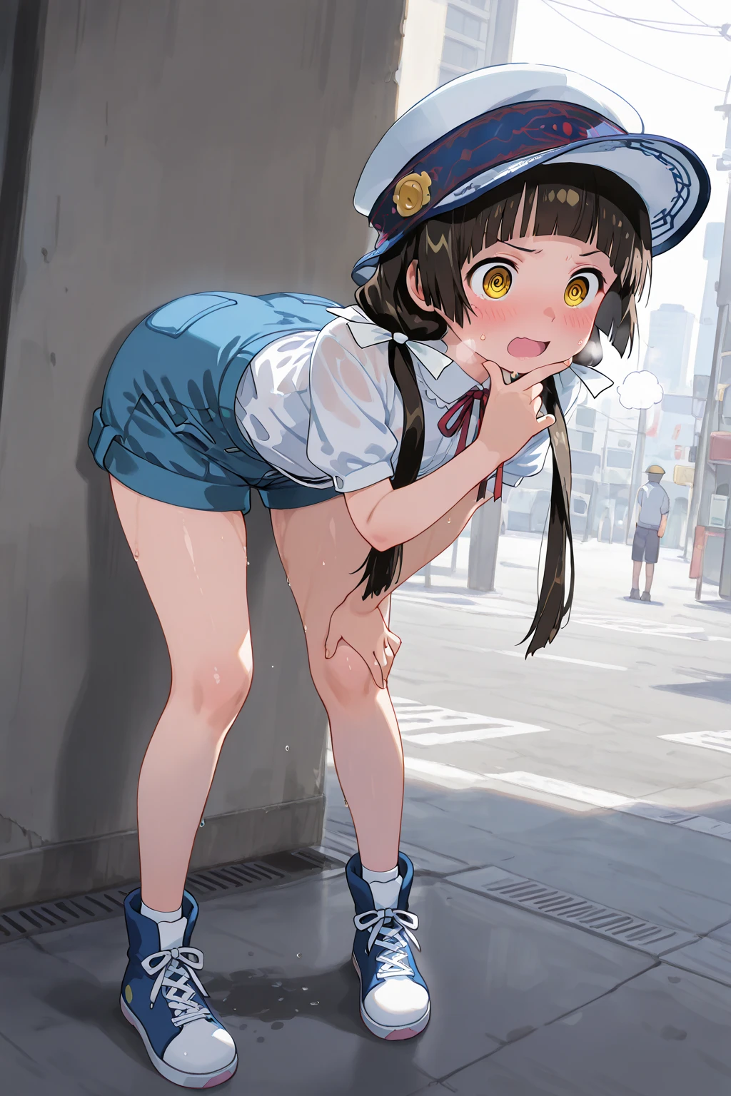 spread legs with squatting pose、M-shaped legs、Spread your legs、Sit on the ground、I'm looking away、In town、bustling street、cap、Panties with horizontal stripes、Shoulder bag、mini skirt、Private Server、Girl、Girl、Younger、Baby Face、flat chest、Dynamic Angle、smile、Both eyes open、Voyeur style、ground
