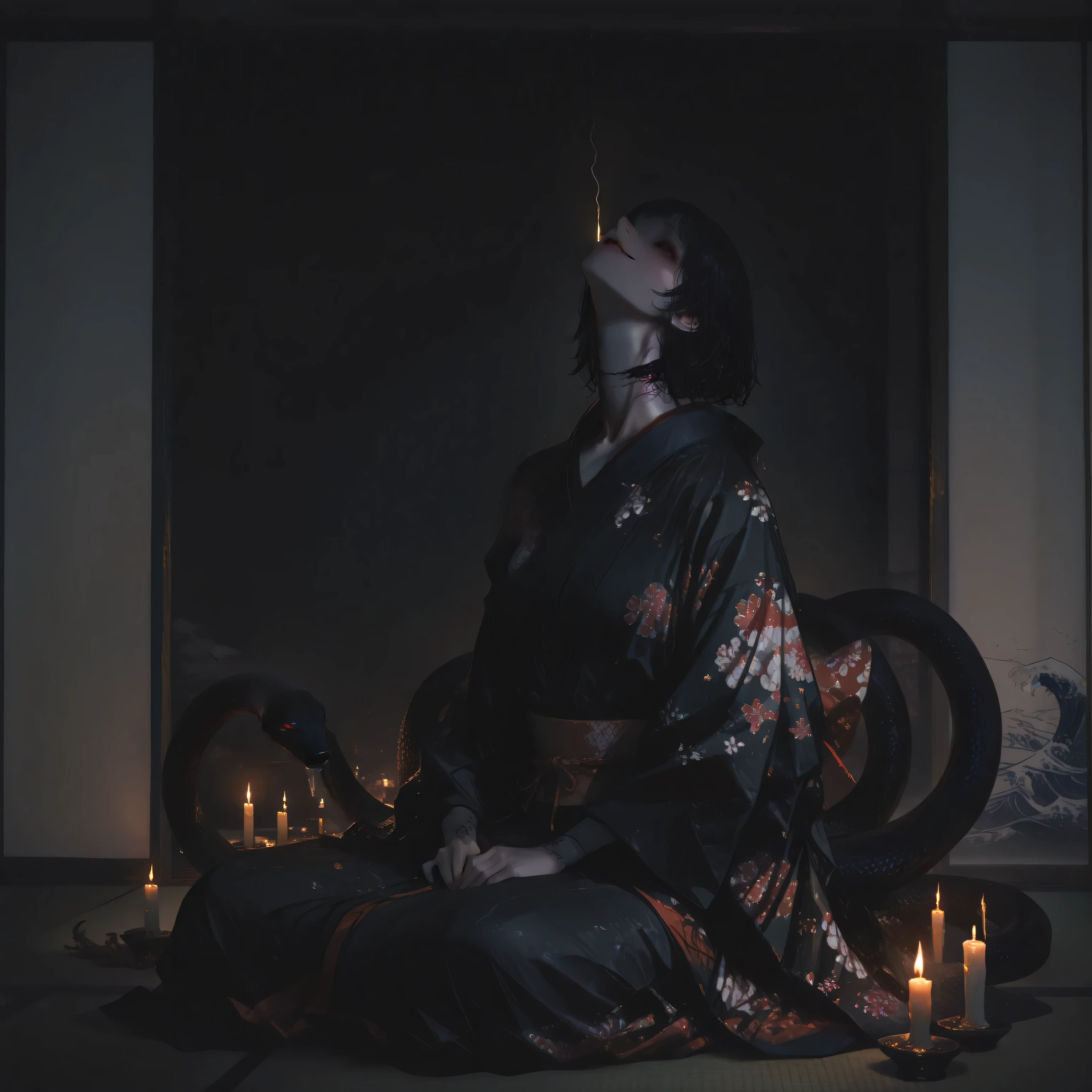 A terrifying Rokurokubi, a legendary yokai from Japanese folklore, depicted as a beautiful woman in a traditional kimono, sitting alone in a dark Japanese tatami room at night. Her extremely long, serpent-like neck stretches unnaturally through the air, winding across the room like a snake, far longer than any human neck—several meters in length. Her flowing black hair dances with wave-like motion, echoing the dramatic curls of Hokusai's Great Wave. A single flickering candle casts dramatic shadows on her pale, eerie face, which bears a seductive and haunting smile. The lighting is cinematic and intense, with strong contrast between warm candlelight and the deep shadows of the room. No other figures are present — only her elongated, surreal form dominates the traditional Japanese setting. The scene evokes both beauty and horror in vivid color and dramatic composition.