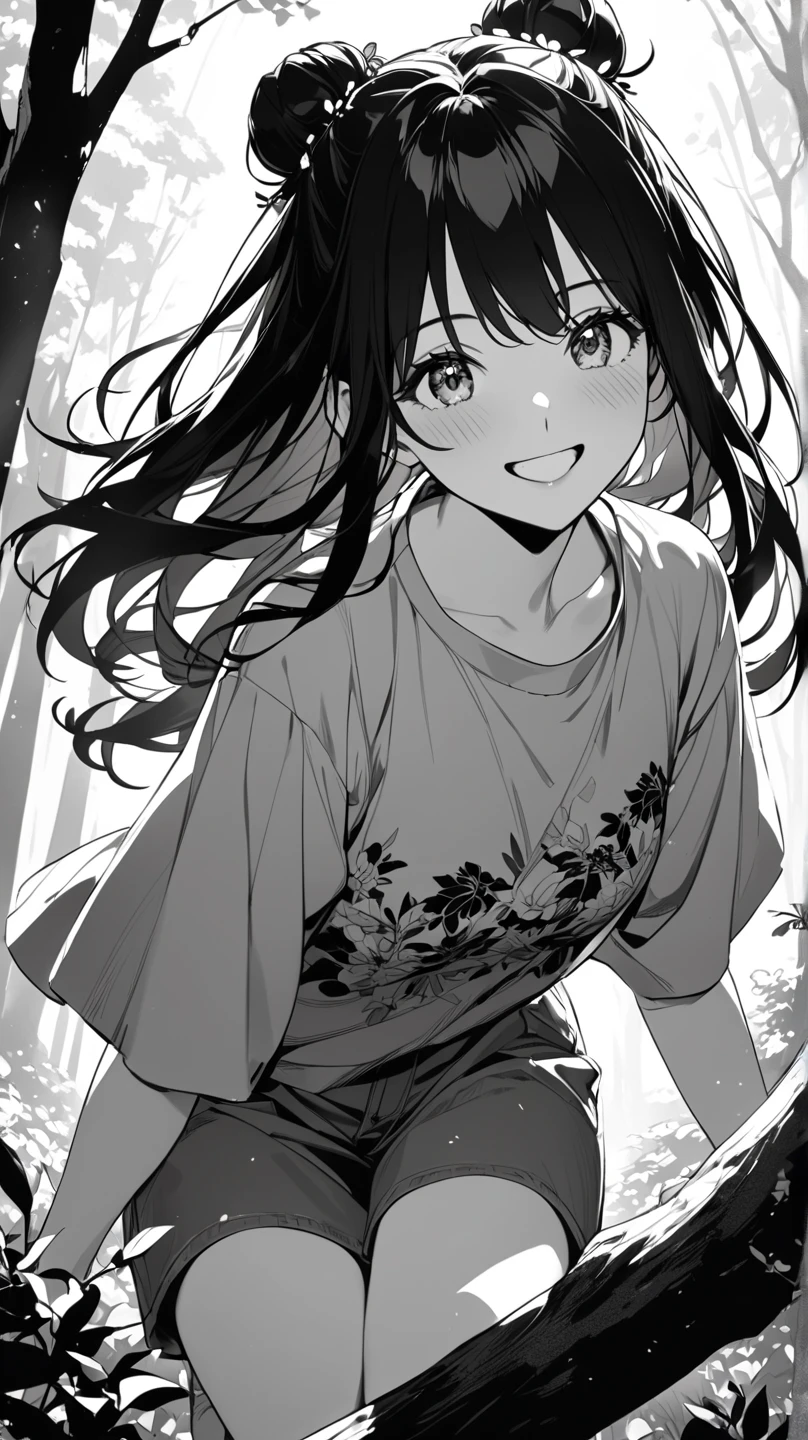 ((highest quality)), ((masterpiece)), (be familiar with), Perfect Face、Line art、Anime Style、Show the whole body、draft、Monochrome、Long Hair、Black Hair、cool、Calm、Very droopy eyes、upright、freckles、peek、Extremely curly hair、Curly hair、long hair、Expressionless、Resting her chin in her hand、smile、Big Ass、cute、freckles、Young、Small breasts、Details、Ribs visible、The lower body is underwear、A small long-sleeved T-shirt、Accentuate your butt