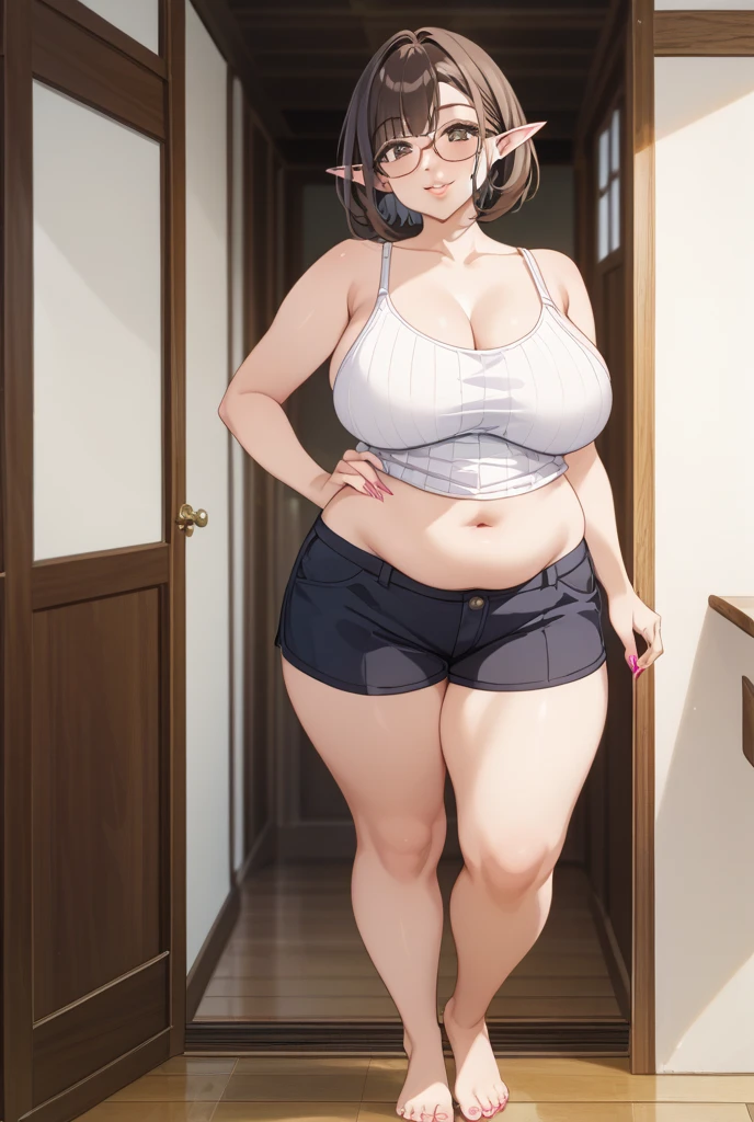 5’2 height, pale Blonde woman, short blonde hair, short twintails, lipstick, pale skin, wearing a tight white T shirt, tight short sleeve, jean shorts, black flip flops, very large breasts, busty, wide hips, thick thighs, large thighs, small dainty feet, white nail polish, standing, 5 toes on each foot, full body showing, entire legs and feet showing in a room, anime, 20 year old woman