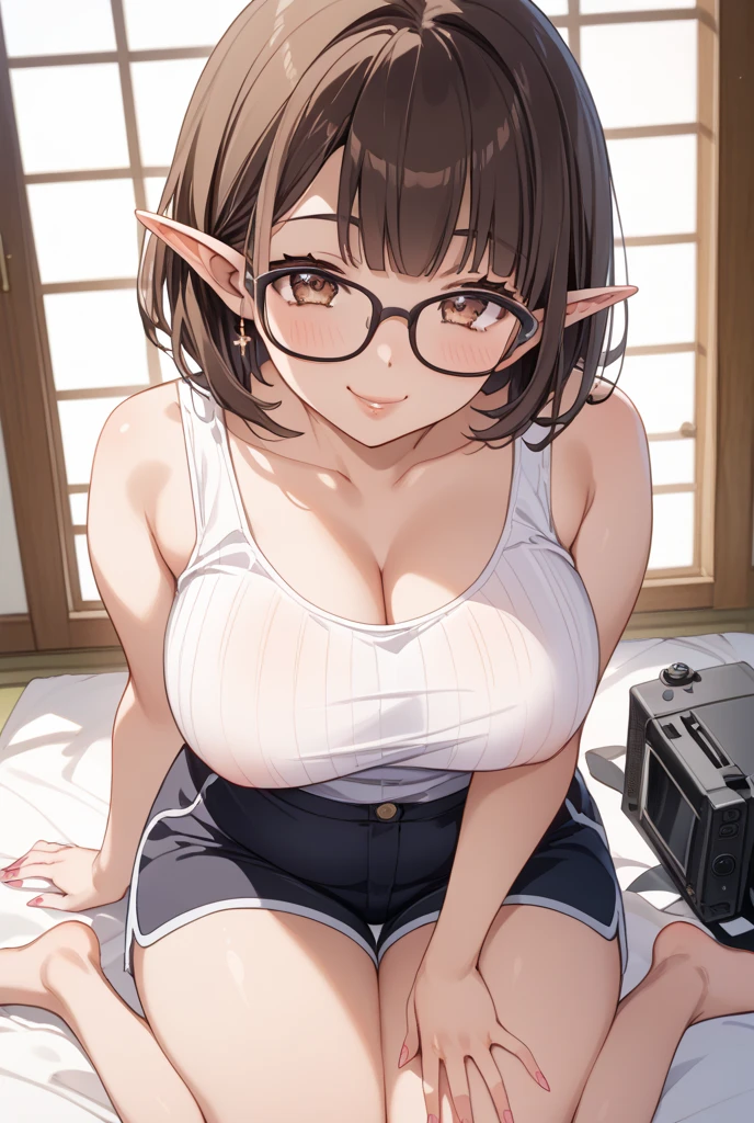 anime girl wear glasses and a necklace with a cross on her chest, guweiz, Elf Girl, She has elf ears and golden eyes, Artwork in the style of Guweiz, Long pointed ears, wear glasses, Detailed digital anime art, Attractive anime girl, cleveage, Clean and detailed anime art, Charming anime girl, Guweiz on Pixiv ArtStation,8K HD