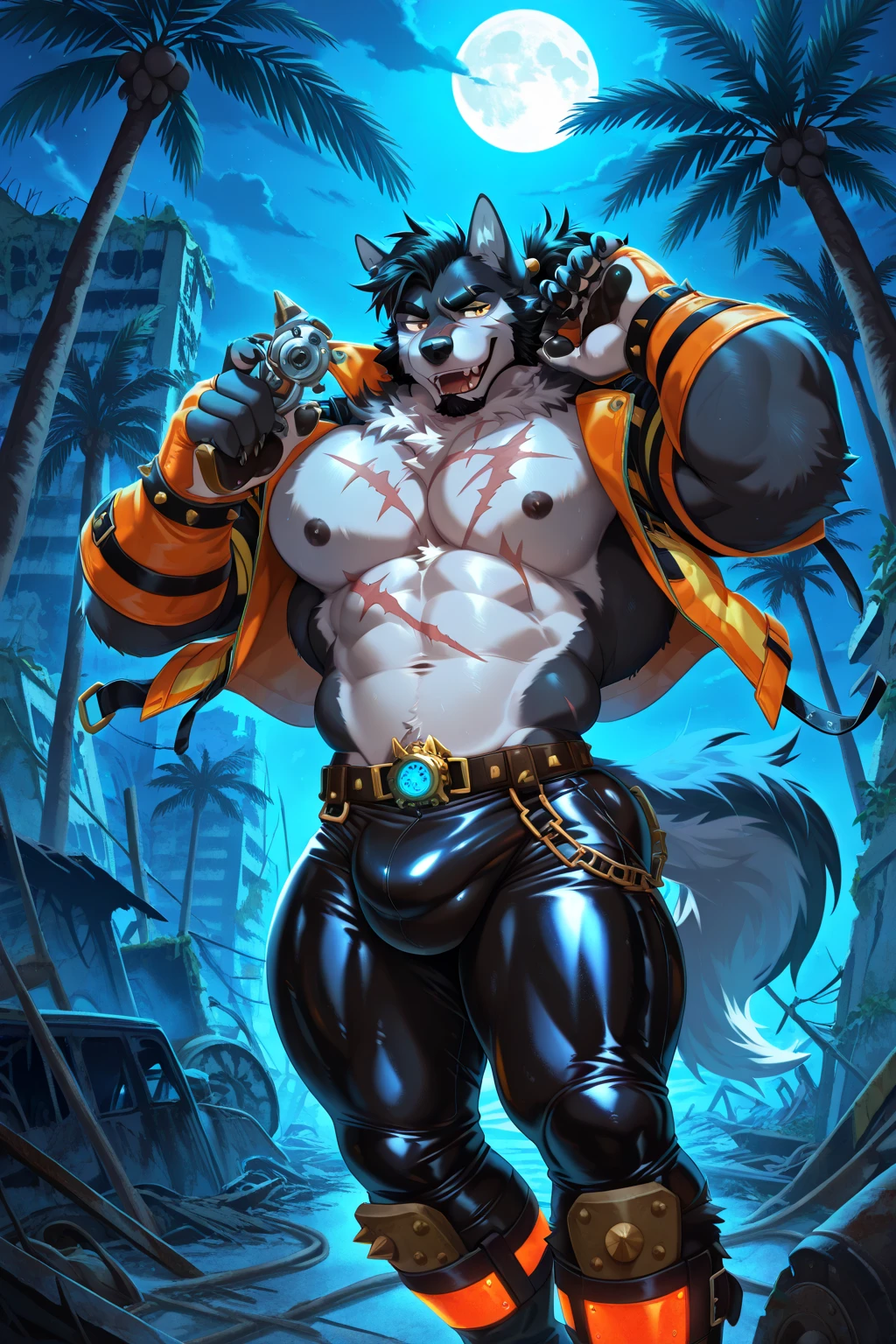 2D, masterpiece, best quality, 4K, RAW photo in HDR, sharp focus, photo realism ,real life like, in a night city, detailed background, solo, (gloves, mask), (by null-ghost, by thebigslick, by darkgem, by honovy), Leomon anthro, male focus, perfect red eyes, lighting eyes, (luminescent eyes), (underwear), sexy, Full View, Villain, Bad Guy, Evil, smirk, crazy, claws, fire, penis shaped bulge, chiseled abs.
