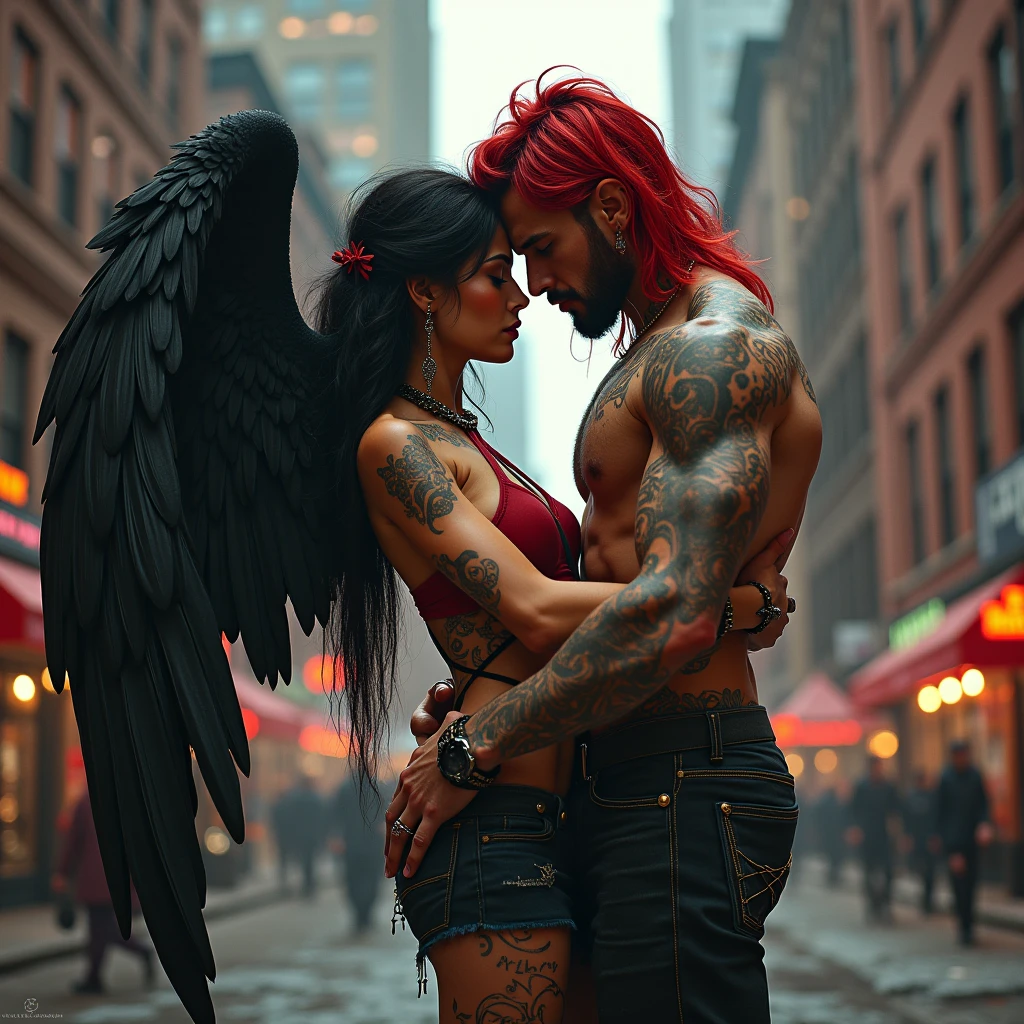 Korean purple hair butterfly woman with headphone and transparent outfit and hell boy demon boyfriend all on fire