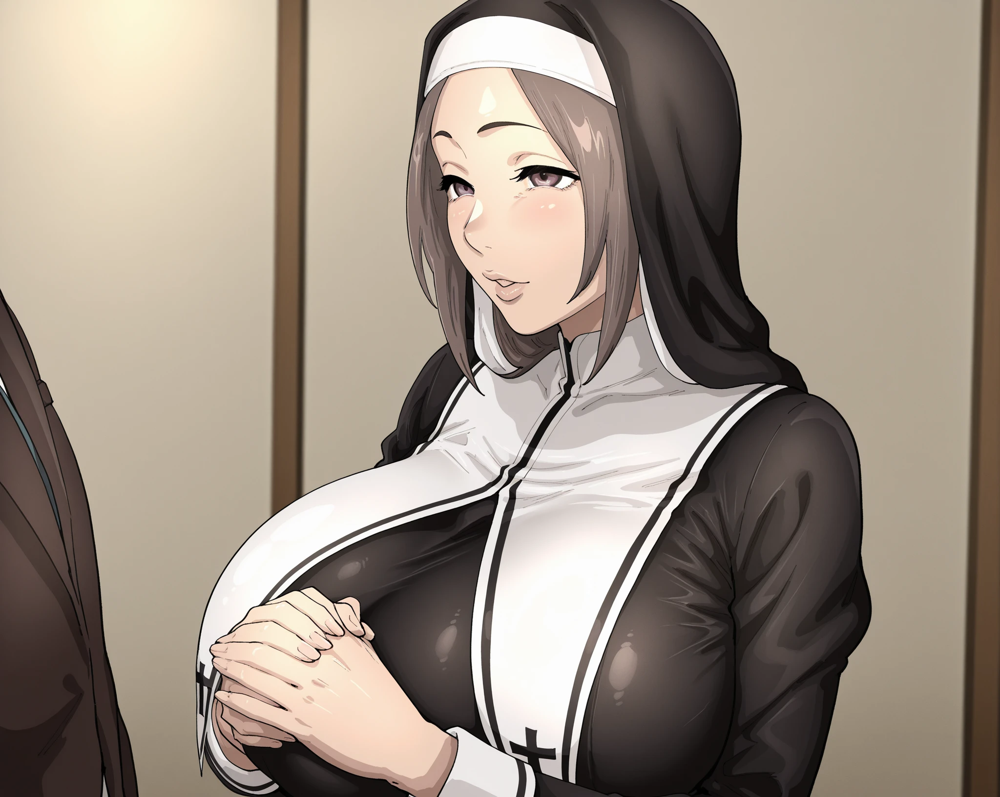 Woman with black long hair, standing ,(((naked))), busty, full body, big breast, big ass, pubic hair, beautiful nose, beautiful face, beautiful finger, blue eyes, soft lighting, detailed body, masterpiece, high quality, best quality, milf, mature female 30 years old, sweating, sad smiling, blush face, orgasme, outdoor, farm background, ((rope bondage)), (((nun))), looking at viewer.