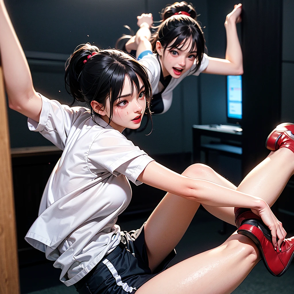 the viewer is her tiny shrunken prey, skintight slutty bodysuit, helpless and at a giantesses mercy ,the 2 women are looking down at you at their feet, (( 2ーinch tall man POV)), ((skirt/pantyhose)), perfect legs and skinny thighs, pantyhose, ((perfect tight ass)), tight wet pussy, giantess, dread, impending death, sex, domination, ((Perfect eyes and face)), ((closed wet full lips)), ((perfect hands and fingers)), ((( a lot of white cum is dripping out of her pussy))), ((she has a skinny and toned strong body)), ((makeup)), ((freckles)), ((perfect eyebrows)), ((sharper edges)), ((perfect scary grey eyes)), perfect intimidating face, slut, sadistic, predatory, better detail on her skin, perfect face and strong jawline, perfect full wet lips, sadistic atmosphere, wet sweaty skin, more detail, beautiful intimidating grey eyes, ((beautiful horror)), better lighting, more toned muscles, perfect detail on her intimidating eyes, very tight underwear, ((tight pussy)), (((tighter clothing))), slutty, intense, perfect detail, tight and sexy, ((piercings)), better detail on her bellybutton, skinny, skinny and strong, more skin showing, intense, slutty, freckles, long skinny perfect legs, scary and intense, she is a skinny and toned 25 year old sexy and perfect and intimidating Japanese/American skinny/tone futuristic evil retribuition alice, pale white skin, eye contact, (full tall body is shown), (((hair with short ponytails and bangs))), , perfect face and eyes, she has a skinny and athletic body wearing pantyhose, only her full body is shown above the viewer looking down at him, perfect face, perfect strong jawline, perfect lips, best resolution, perfect bone structure, femdom, she has a skinny and toned young perfect body and legs, tight stockings and garter belt, looking down at the viewer, full body, perfectly proportioned body, short hair, young/modern hairstyle hair 2 ponytails and bangs, she is in a bedroom