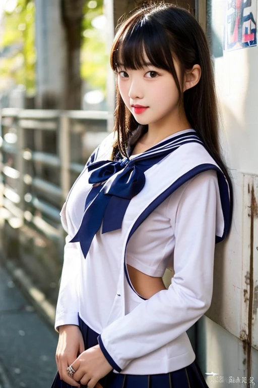 (masterpiece:1.3), (8K, Photorealistic, Raw photo, Best image quality: 1.4), Japanese, (One adult girl), cute,cute、 (A vivid face), Beautiful hairstyle, Realistic eyes, Beautiful details in the eyes, (Realistic Skin), Beautiful skins, attractive, 超High resolution, 超Realistic, Attention to detail, Golden Ratio, (Detail Makeup:1.2), Seeing the viewer,Tabletop, Highest quality, Super detailed, In detail, High resolution, Composition of the whole body、Open leg pose、Boldly open your legs、美しいAttention to detail目, Fitness Wear, Natural color lip,Photorealistic、Realistic、alone、Photorealistic、Highest quality、Highly detailed face、Highly detailed eyes and face、Beautiful and fine details、Absurd、Unbelievably absurd、My hair is messy、Floating Hair、Brown Hair、Wavy Hairstyle、Mid-length hair、(Highly detailed CG、8K Picture Wallpaper)、(Very delicate and beautiful)、(masterpiece)、(Highest quality:1.0)、(超High resolution:1.0)、Beautiful lighting、Perfect Lightning、Realistic Shadows、[High resolution]、Detailed skin、Super detailedな、Detailed face and eyes、Realistic eyes、Sharp pupils、Beautiful Face、plein air、Downtown Japan、Amidst the hustle and bustle、Blurred Background、Glowing Skin、Blunt bangs、Red Eye、(Sailor suit 1.2)、Sailor suits have long sleeves、Ultra HD Photos, 8K quality, Outdoor, Systemic composition, looking at the camera, Japan Perfect Beauty, Texture that shows pores, Perfect Face, Clear skin, Clear skin, Beautiful and toned body, Muscular, thin, Small breasts, Tight ass and small breasts、Small Ass、 Bloomers (Bloomers  Japan School, Seamless Design, 単色のBloomers, Bloomers are dark blue, Perfect fit、Bloomers are elastic fabrics、Bloomersの長さはへそから３ｃｍThe following degrees:, )Legs wide open、、Expressionless、(Turn your face to the side、)