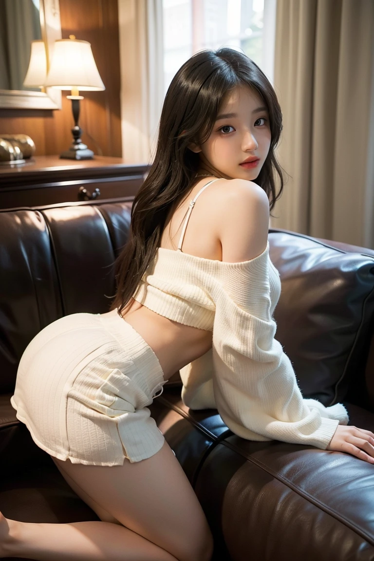 there is a woman standing by a window with a 黄色 shirt, nude,Big Ass、Shooting from the side、