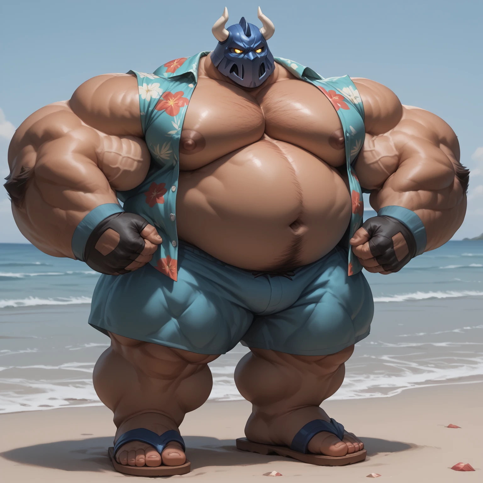 a anthropomorphic muscular grizzly bear in red swim trunks standing, mid-shot of a grizzly bear torso.
