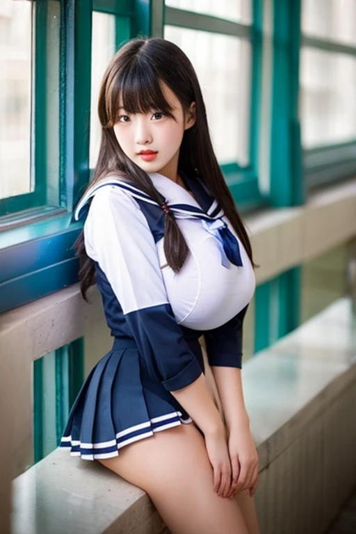 from below, resting hands on own chin, cum to her face,splashing cum,wet tongue,squatting, open legs, (large amount of love juice spills from the crotch, white peeing forward, squarting, love juice:1.8), (See-through sailor uniform:1.5), skirt lift, lifted by self, show see-through panties, pussy juice stain, (pussy juice trail:1.9),(open mouth, detailed tongue, tongue out:1.8),(wince, squinting:1.3), brown eyes,