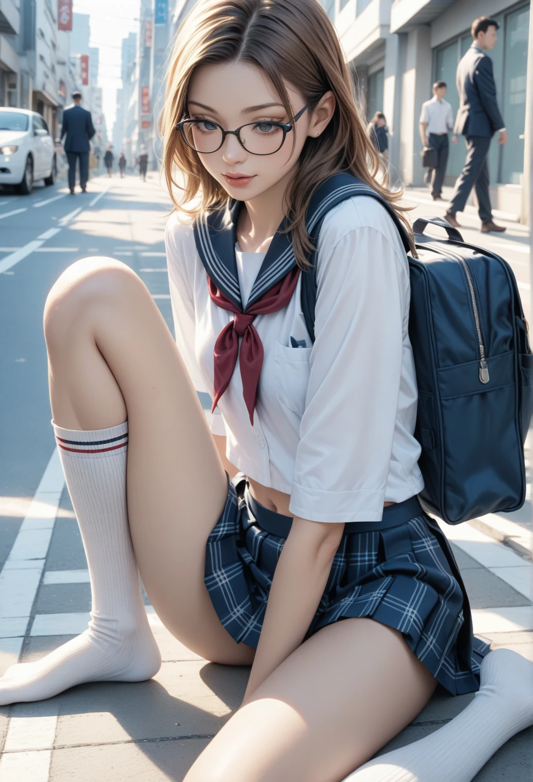 alone,solo,underwear, photo of a 20-year-old woman, cute, panties, ((KPOP Idol)), small, small breasts, glasses, full body, anger, lace panties, sitting, panty shot, spread legs, skirt, school uniform, light blue panties, socks, black hair, shirt, blurred, blurry background, blue shirt, loafers, realistic, medium hair, lips, brown eyes, Black socks, bow tie, pleated skirt, bow, headrest, sideways, outdoors, brown footwear, masterpiece, best quality, ultra detail