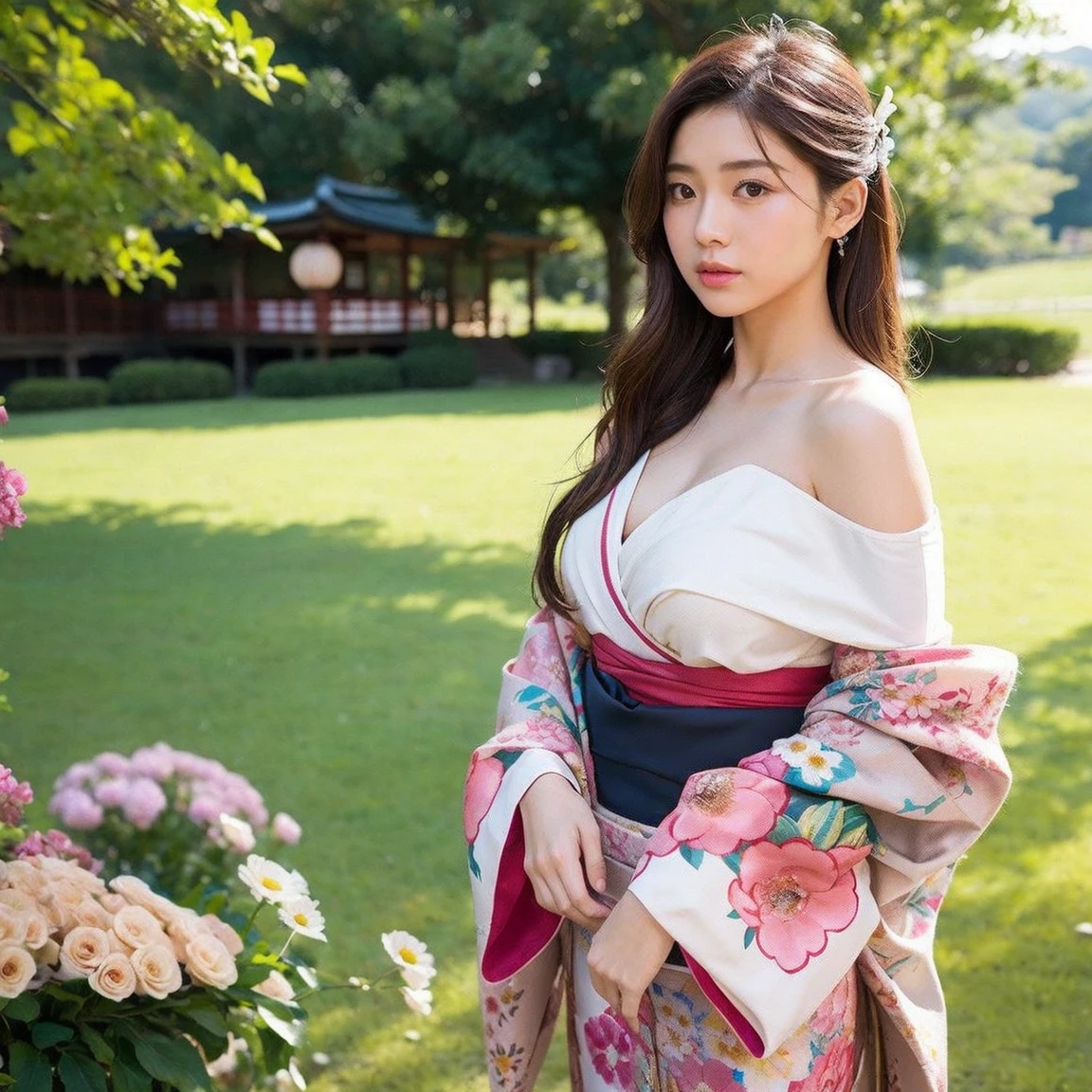 1 girl,beautiful posture, His long hair flowed up., The sun shines brightly.,  Supports sexy big breasts, flower garden, Red, black, dark blue, traditional kimono,, Masterpiece, best quality, Highly detailed 16k,  Take photos with a high quality camera 45,000,000 pixels