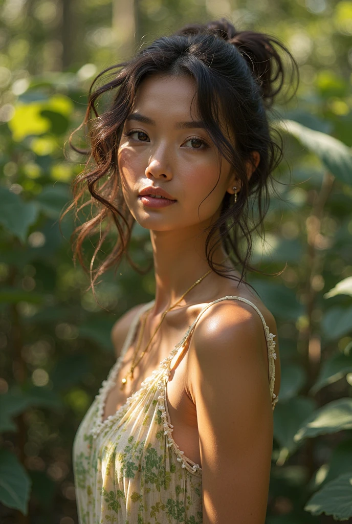 (masterpiece, best quality), female twenty-something, well-proportioned, southeast asian, amber eyes, chiseled jaw, low cheekbones, broad forehead, round face shape, , light brown mohawk hair, contentment wearing peasant dress, panties, , over-the-shoulder look, looking over one shoulder with a sultry gaze, exuding allure and mystery, enchanting forest lighting, a combination of moonlight and dappled light, adding a fairy-tale-like charm, a picturesque countryside, with rolling hills, green meadows, and grazing animals
