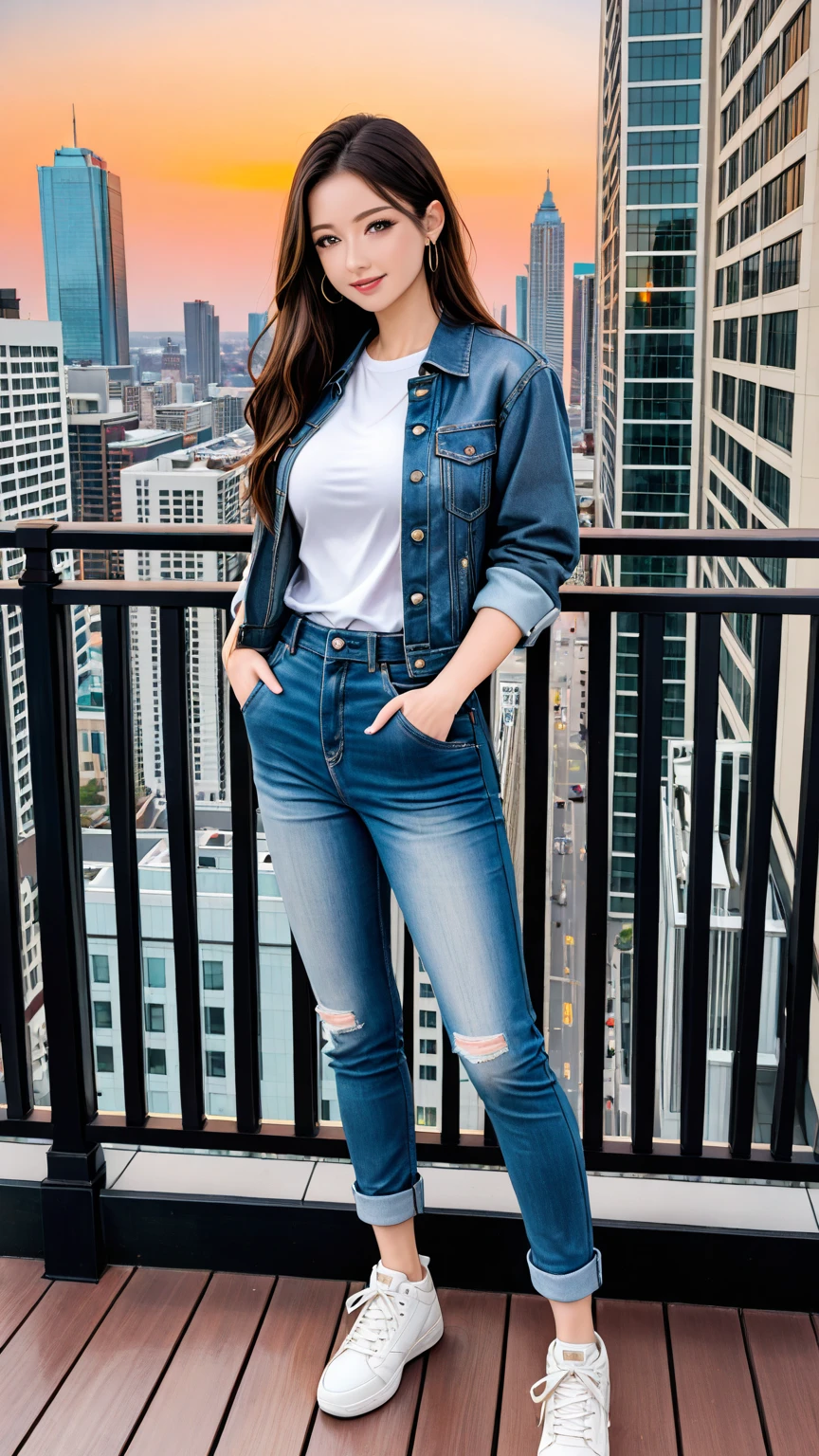 Glasses　Beauty　whole body　Thin legs　Jeans　T-Shirts　long hair　Night view　On top of a building　D Cup
