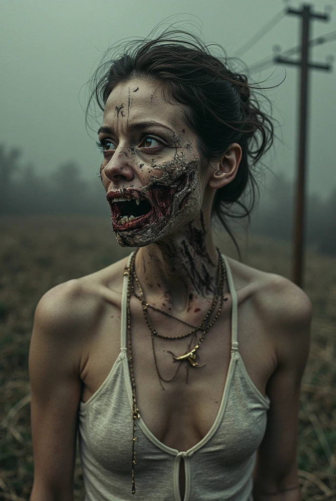 hyper real photo of ((military zombie woman inside a cluttered barn wearing sexy worn-out torn cotton tanktop)), ((detailed realistic face and eyes)), cinematic lighting, 8k resolution, (modelshoot style), sunset, (from_below:1.4), soft small nipples covered by (ripped torn cotton tanktop), natural breasts