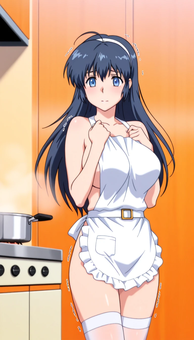 Perfect anatomy, (extremely detailed:1.0), absurdres,// naked apron, 1girl , sexy,breasts_squeezed_together, breasts squeezed together, 0.8v arms, Large breasts, breasts,, collarbone, Slender,// modern kitchen, Pots and pans, Cutting board, Chef's knife, food, , from side, High quality shadow, High quality light rays, Depth Of Field, Medium Full shot,blue eyes,blue hair,
