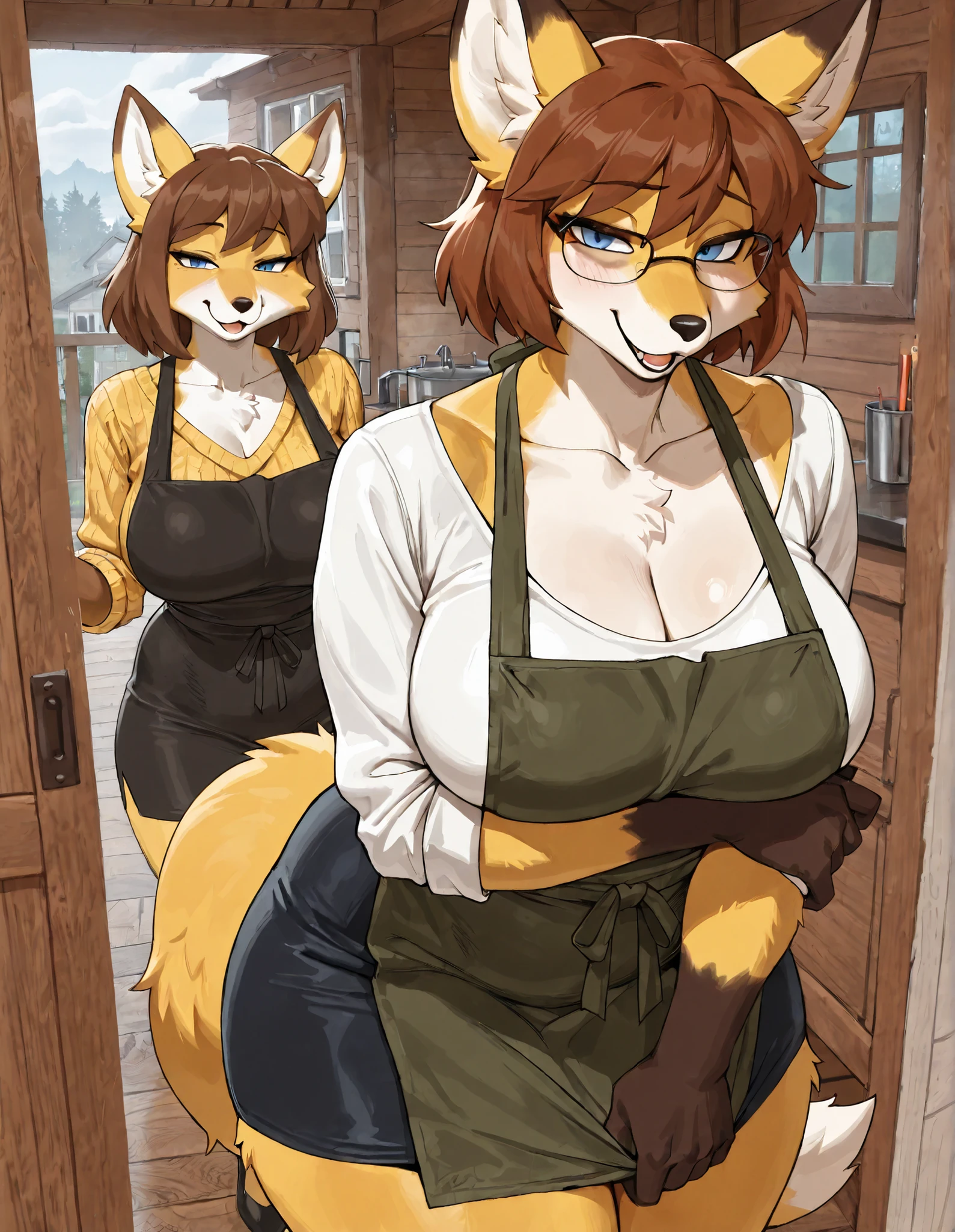 (masterpiece, best quality), hairy:1.3, snout:1.2, The second:1.3, hairy:1.2, amazing quality, very aesthetic, absurd, Highres, new , HDR-10, 8K, cinematic, professional photo, a girl, (((Yellow Fox Girl:1.25))), pechos grandes, (Small but curvy), glasses, duo, white shirt under the yellow knitted sweater, and long red pencil skirt with apron, brown hair and blue eyes, Alone:1, (((seductive expression))), (((neckline))), Awestruck, In a wooden house, detailed background, subsurface dispersion, translucent, brilliant, SSS, of the highest quality, atmospheric haze , Illusp0s , (super quality:1.2), very excited