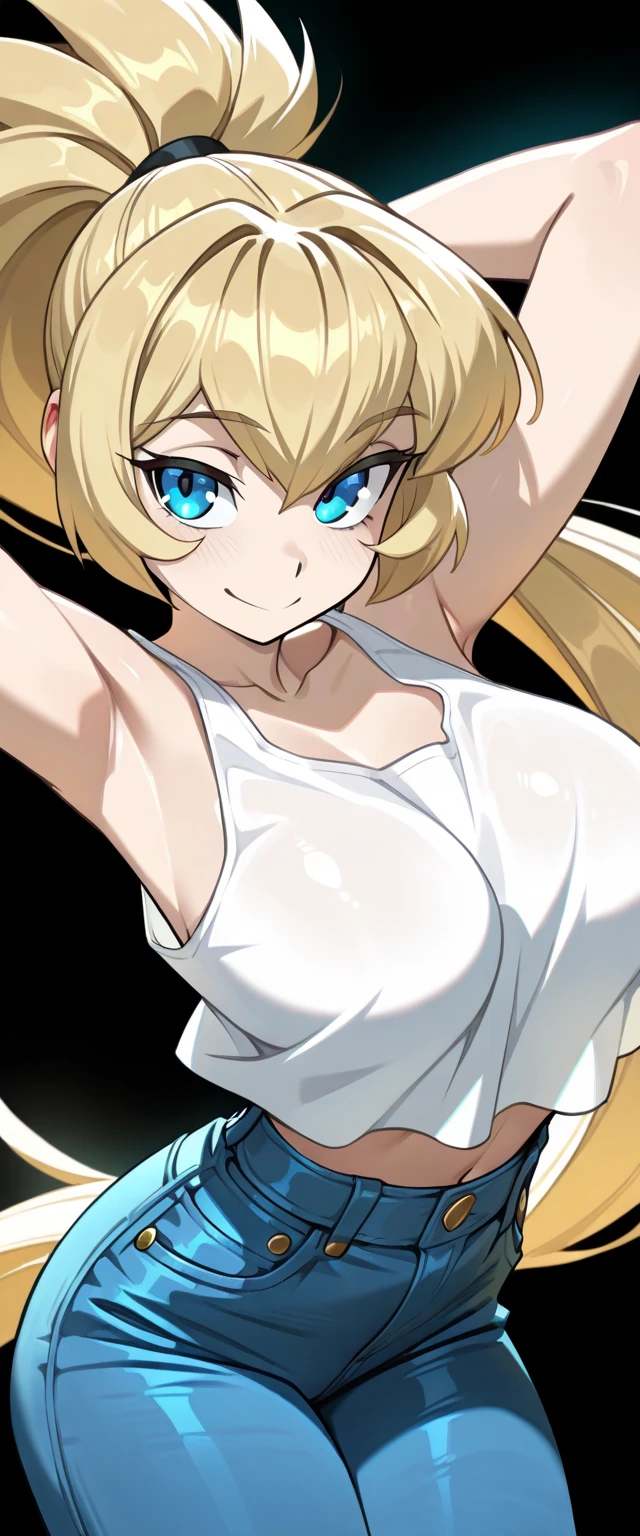 anime girl , 1girl, solo, big breasts, tights, sexy, naked, nude, blonde hair, white background, simple background, revealing dress, looking at viewer, perspective