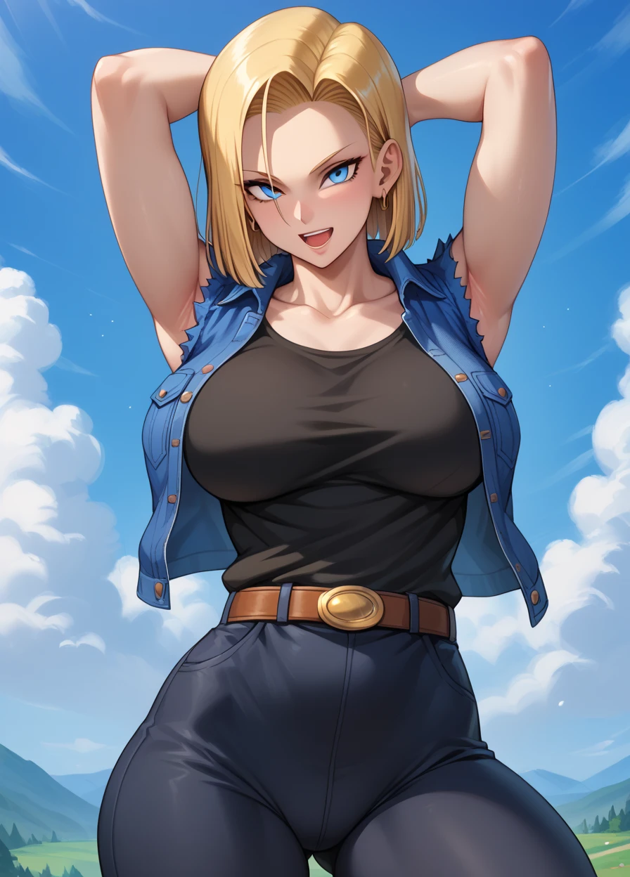 Android 18, 1girl, android 18, solo, blonde hair, blue eyes, short hair, mountain, belt, denim skirt, earrings, jewelry, looking at viewer, bent over, blue skirt, collarbone, bikini top, large breasts