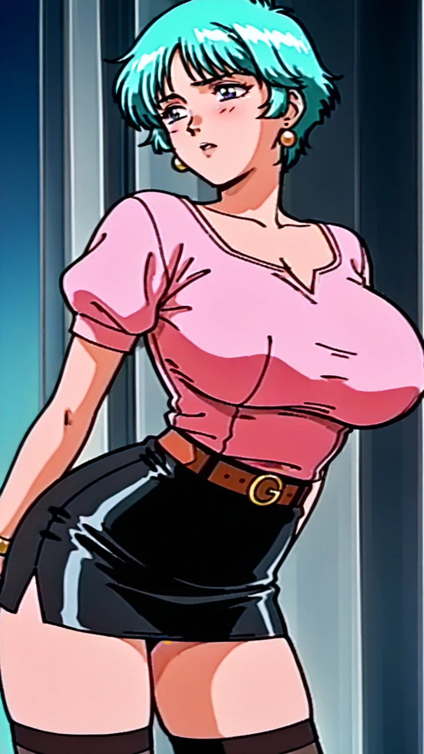 A sexy girl big breast short red hair round her blue eye wears purple top under black corset and tight black pants big thigh