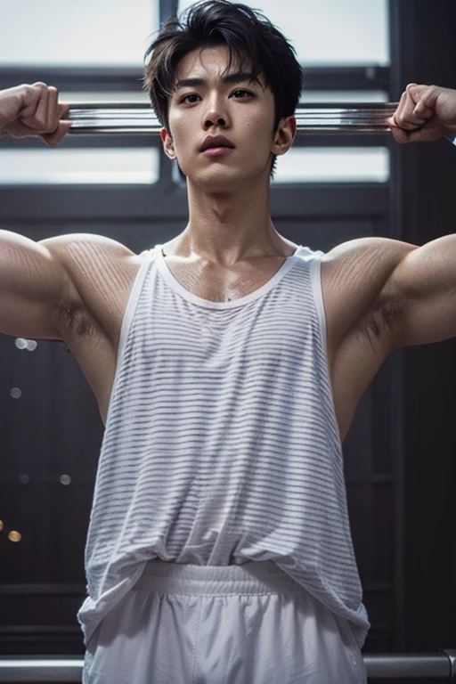 Best quality, super high resolution, (realistic: 1.4), bust photo, gym, 1 asian boy, standing, gym clothes, short hair, upper body naked, muscles, shorts, yang yang, (looking at the audience), (close-up)