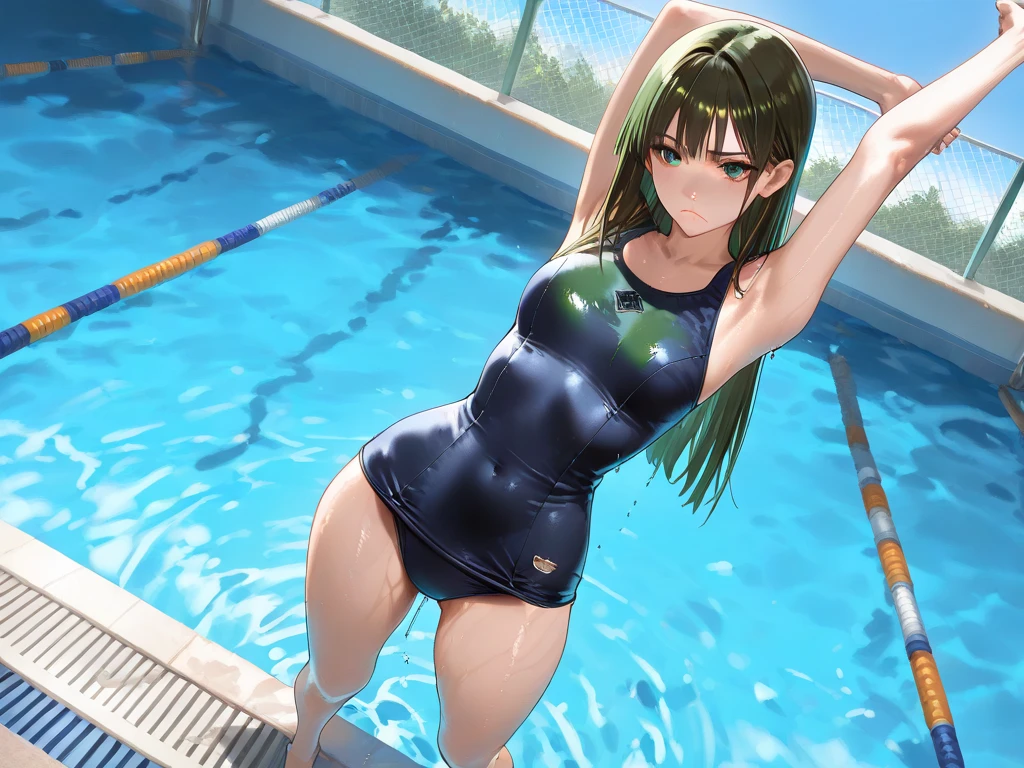 masterpiece, best quality, absurdres, 1girl, solo, UbelFrieren, purple eyes, side ponytail, one-piece swimsuit, poolside, sitting, soaking feet, <lora:UbelFrieren:1>