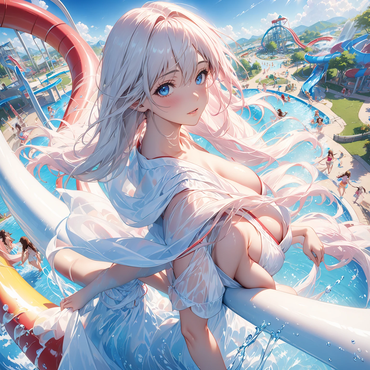 ((View from above))　female giant giant girl giantess Bikini Swimsuit Paola Big Breasts Cleavage Float Blue sky, public pool, valley between buildings, waves, splashing water a pool area at an amusement park with people playing in it near water slides, pool, outdoors, tree, day, cloud, scenery, sky, multiple girls, water Masterpiece Unreal Engine Beautiful picture 4k,Pixel art nude 90's chest buttocks
