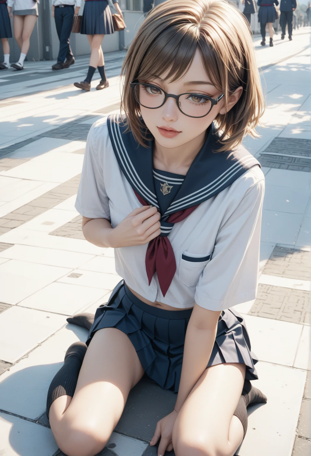 (table top, highest quality:1.2), 8k, hang one leg on a rough rope、tied with rope、tied up tightly、tie one&#39;s hands、hanging in shackles、Bed Rules、Obscene clothing、open clothes、white bra、hang one leg on a rough rope、tied with rope、tied up tightly、tie one&#39;s hands、hanging in shackles、13 years、(Upper body, uniform、sailor suit:1.4), cute face, short sleeve, Ten generations, looking at the viewer, Glasses, very beautiful 13 year old girl, (cute:1.2), (hang one leg on a rough rope、tied with rope、tied up tightly、tie one&#39;s hands、hanging in shacklesの目),(purple hair),((erotic,sexy and sexually explicit)), small poor breasts,small breasts thin waist, look at the audience,((sailor suit)),((short sleeveuniform白シャツ)),(blue tie),(blue mini pleated skirt),(((lift up the skirt yourself))),(((No panties)),((get up,spreads over the entire leg)), socks, (black knee socks),(loafer shoes),  (no panties:1.2),, (view from below:1.3),
 flat chest, High resolution,  blush, embarrassing, No expression, , realistic spread legs、((No panties)), crotch seam, dynamic pose, dynamic angle, thighs 、 short hair, belly button, thighs, 白いthighs, cleavage, ((spread your legs wide:1.4)), cleavage、indoor、hang one leg on a rough rope、tied with rope、tied up tightly、tie one&#39;s hands、hanging in shackles