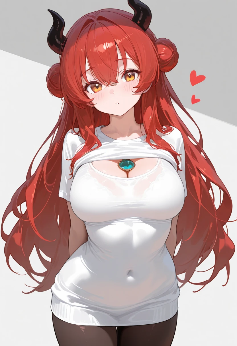 character, anime girl, white with freckles on the body. green eyes. Long-haired redhead with bangs. A high-neck crop top covering the entire chest, white tank top with a red heart in the center. Super blue denim miniskirt. whole body. White background.