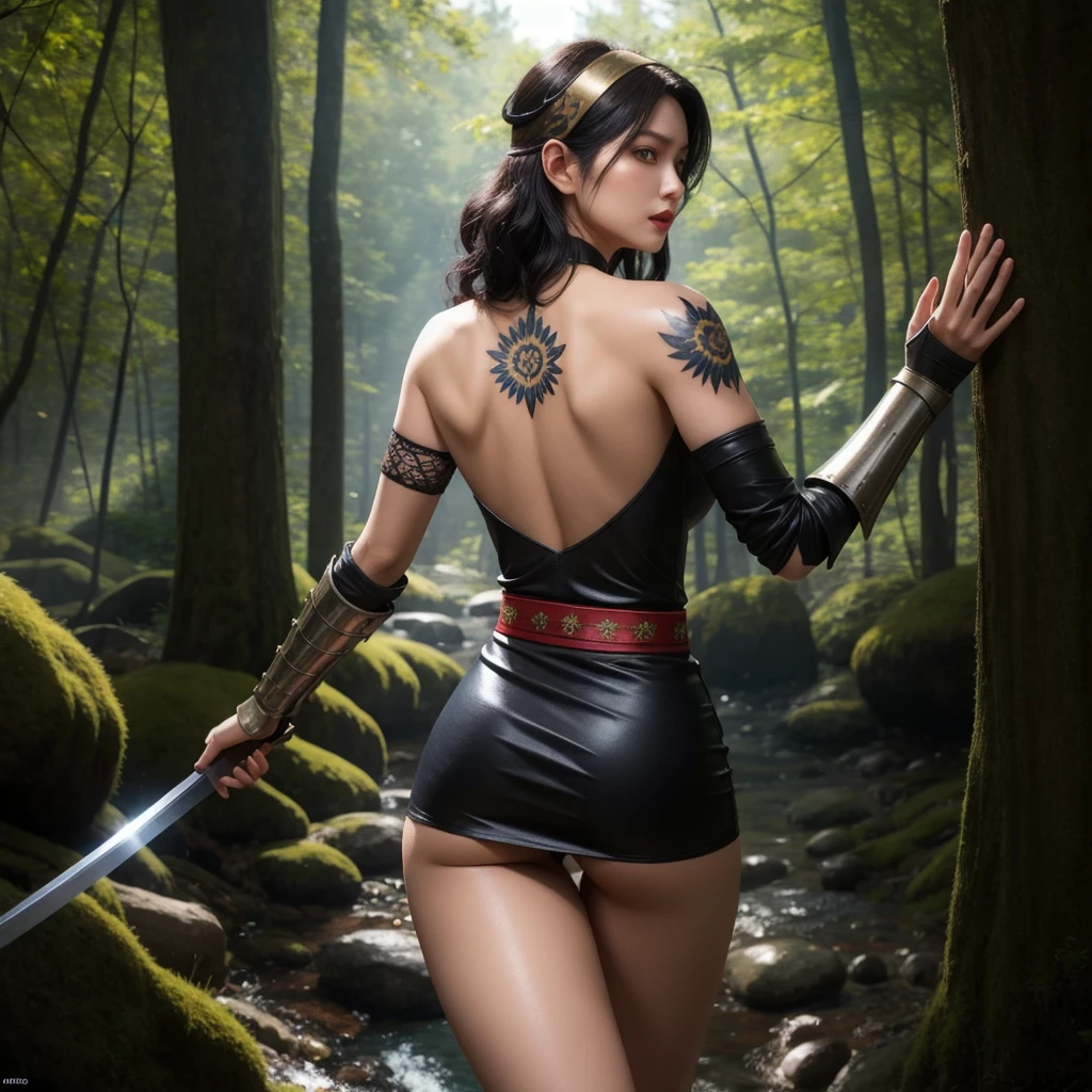 Split abs, large full breasts, Best Quality, masutepiece, 超A high resolution, (Photorealistic:1.4),  arma, Detailed face, One Girl With Her Back Turned, Sword weapons, cleavage, (Magic Circle:1.2), Beautiful girl with her back turned, Full body, Japan castle town of the Edo period, Townscape of the Edo period, Samurai, Japan, Fantasy, High quality, ultra detailed in 4k, 8K, High resolution, fantasy coverart style, medieval times, Sharp Focus, depth of fields.