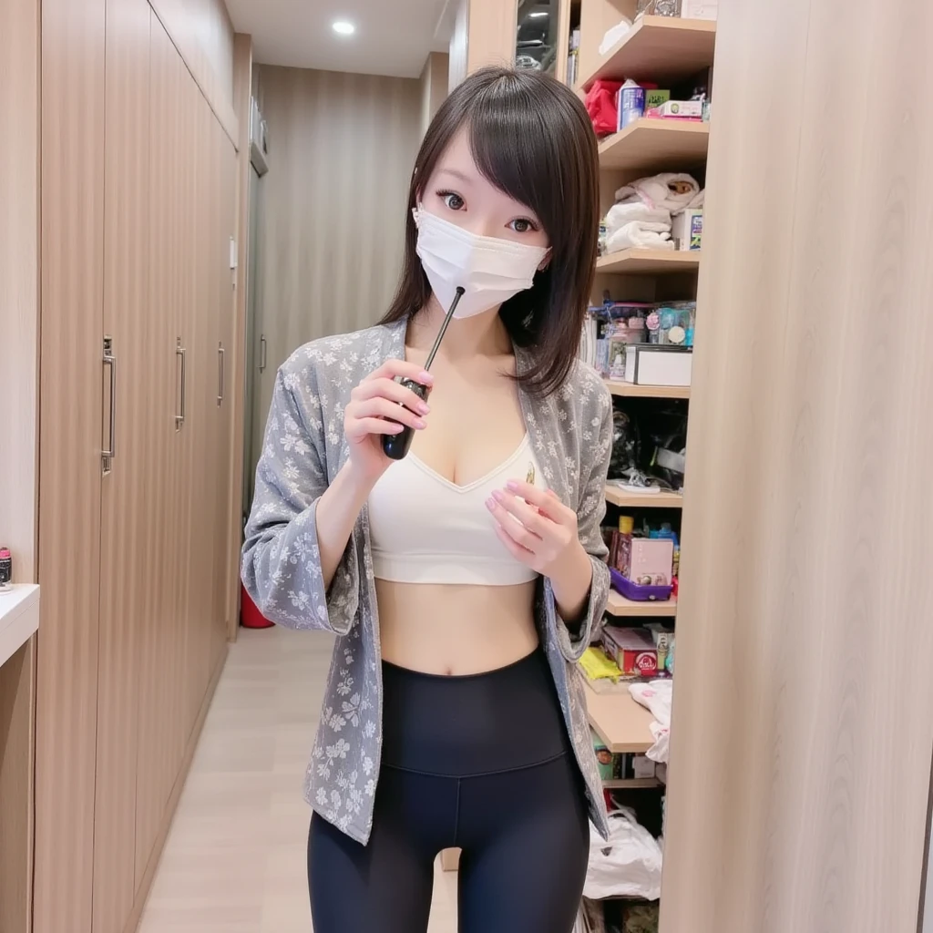 205 ((short hair)), 20-year-old female, In underwear、Put a cardigan over your shoulders、 A refreshing smile、Mask on mouth、Black Hair、ear piercing、Necklace around the neck、