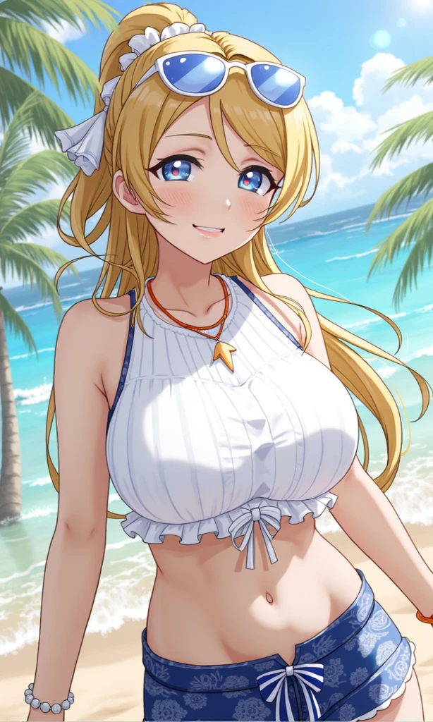 1girl, masterpiece, best quality, medium full shot, blonde ponytail, (off shoulder t-shirt, cleavage, busty, shorts), beach