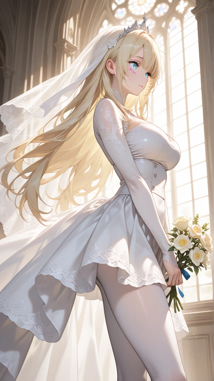 Blonde hair and blue eyes　Long Hair　Elf　Large Breasts　Wedding dress　leotard　mini skirt　White Stockings　White high heels　erotic　Beauty　cute　Hands tied behind your back　Scared　Crying face　Kidnapped