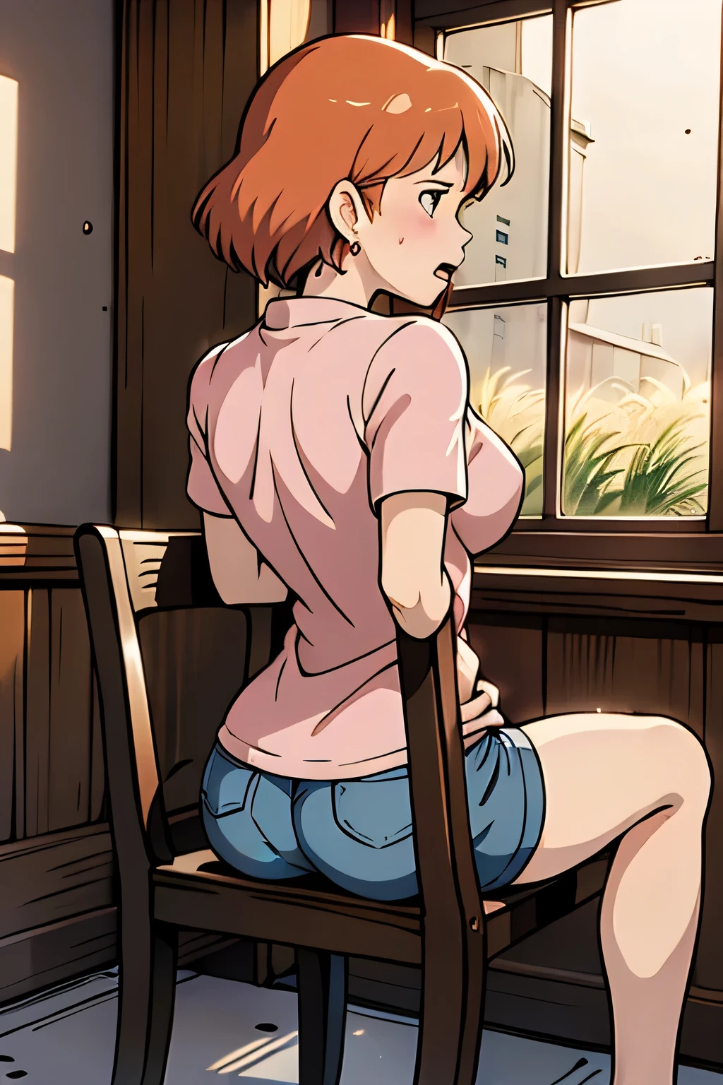 (masterpiece, top quality, high resolution, 8k, high quality anime poster, Detailed and precise ,  Studio Ghibli Anime), ((Nausicaa of the Valley of the Wind)), naked beautiful girl in an old inn, 1 girl, exquisite cat seen from behind, ((let's show off the beautiful scenery, doggystyle, Back Style, I'm sitting on a chair showing off my cat,)), I'm wearing a pink baggy t-shirt clear, I feel the strength of will, (Also々 apparently ),   face, Blush,  Exhale a hot breath, orange hair, short hair, ((elegant short bob cut)), dark brown eyes,  red gemstone earrings , Sperm Drips, open your mouth, big breasts, Beautiful Breasts, pink nipples, pointed upturned nipples, 美 apparently おマンコ, beautiful legs, perfect body balance, Perfect Beauty, slender body, Valley of the Wind Scenery, 渓谷の美 apparently 風景, Tower Castle, windmill, Wheat field, Ishigakiの小道, winery, looking to the side, Castle terrace, Ishigaki, canopy bed, Heavy carpet  , ((I want to see a cat from behind,)),, doggystyleになる,  back shot , At a low angle ,