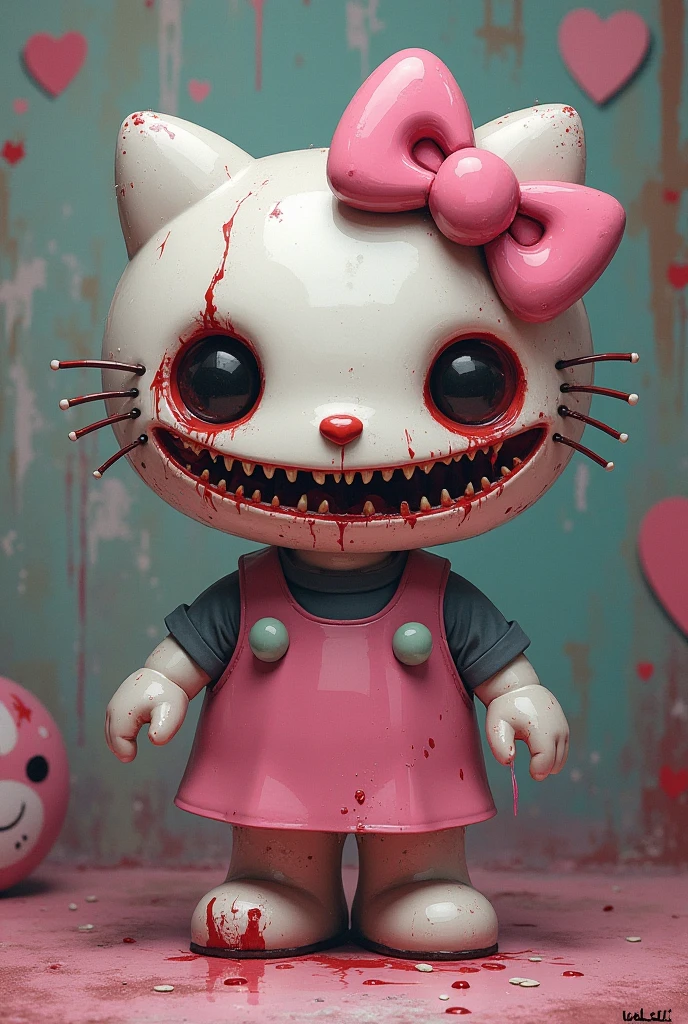 A mouthless hello kitty doll with a creepy expression