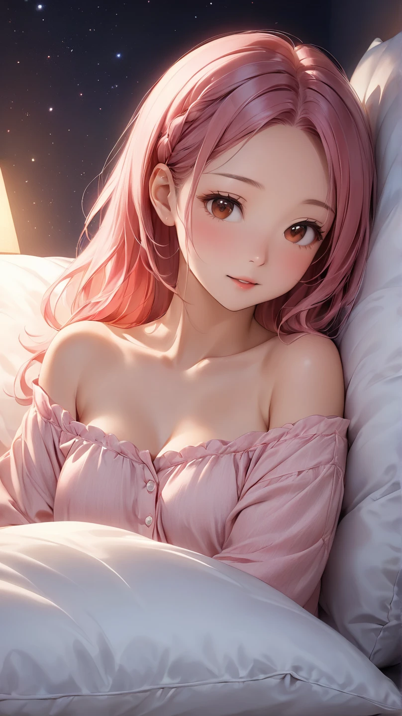 (Best Quality,High resolution,8K,finelity detailed background,Masterpiece:1.2),beautiful girl,Shiny pink hair,messy hair,Pink eyes,Gentle look,A refreshing look,Best quality,Best Quality,Aesthetic and aesthetic:1.2,Best details((Super detailed))(High-definition CG illustrations),cuteパジャマ,Slender body,night,Moonlight,Bedroom,On the bed,smile,blush,cute,Scrounge,Looking up,Being spoiled,super model,wariza,shoot from below