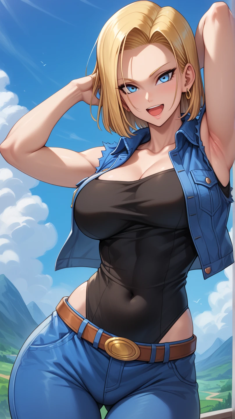Blonde girl, Short hair, blue eyes, wearing tight denim shorts, with a mocking stressed face, full and shiny breasts, wearing a bikini